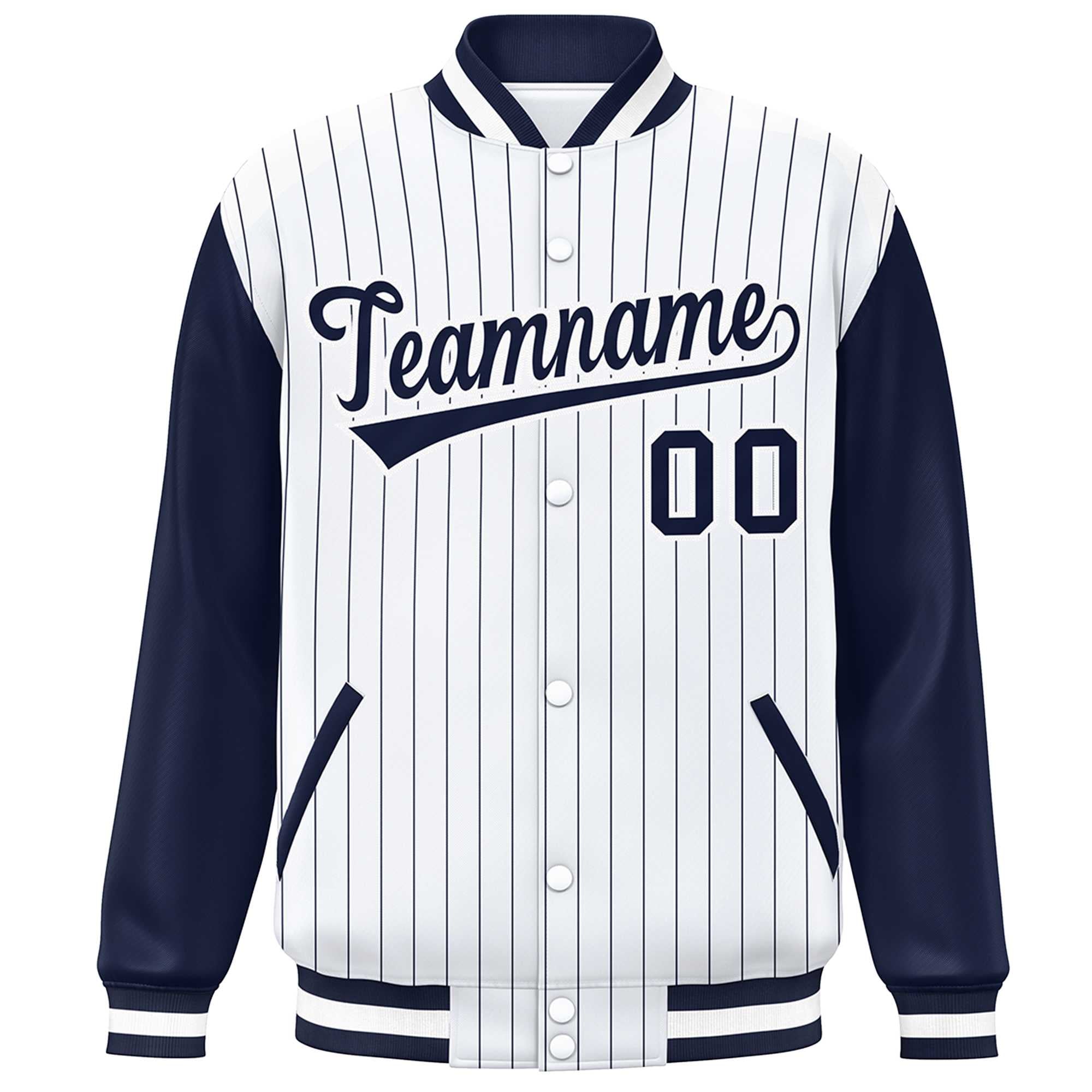 Custom White Navy Stripe Fashion Bomber Varsity Jacket with Raglan Sleeves