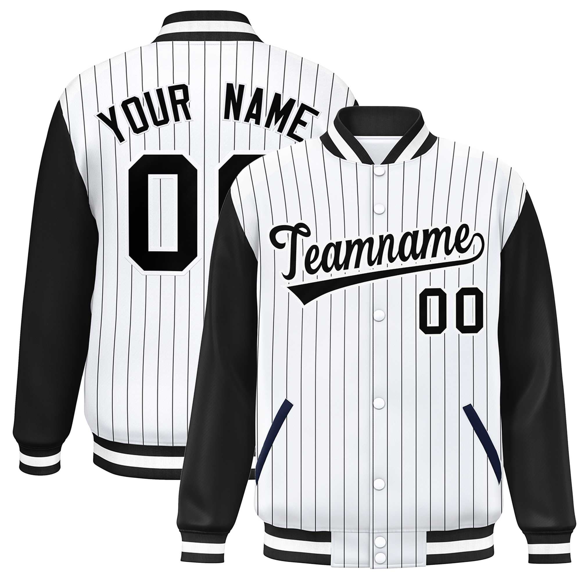 Custom White Black Stripe Fashion Bomber Varsity Jacket with Raglan Sleeves