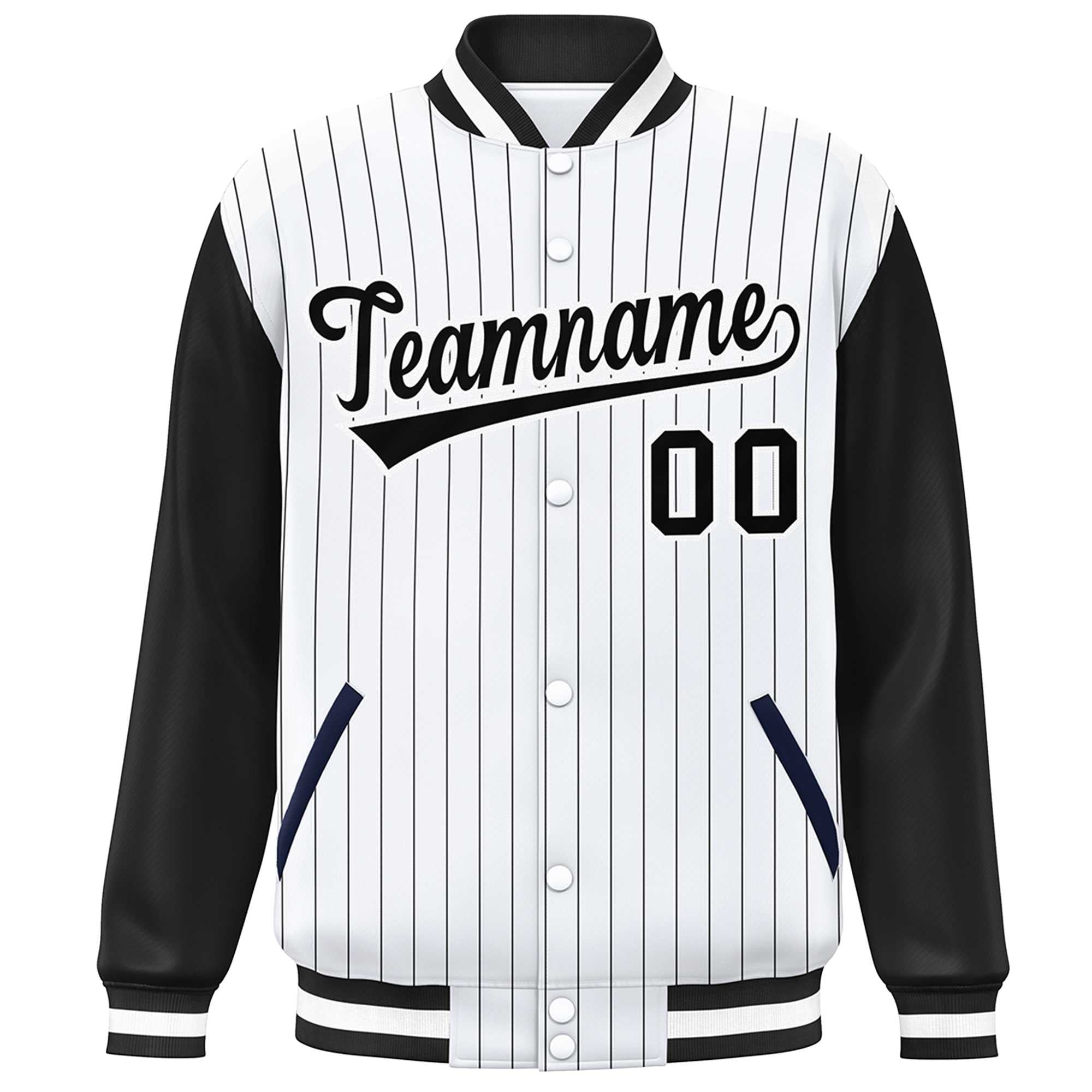 Custom White Black Stripe Fashion Bomber Varsity Jacket with Raglan Sleeves