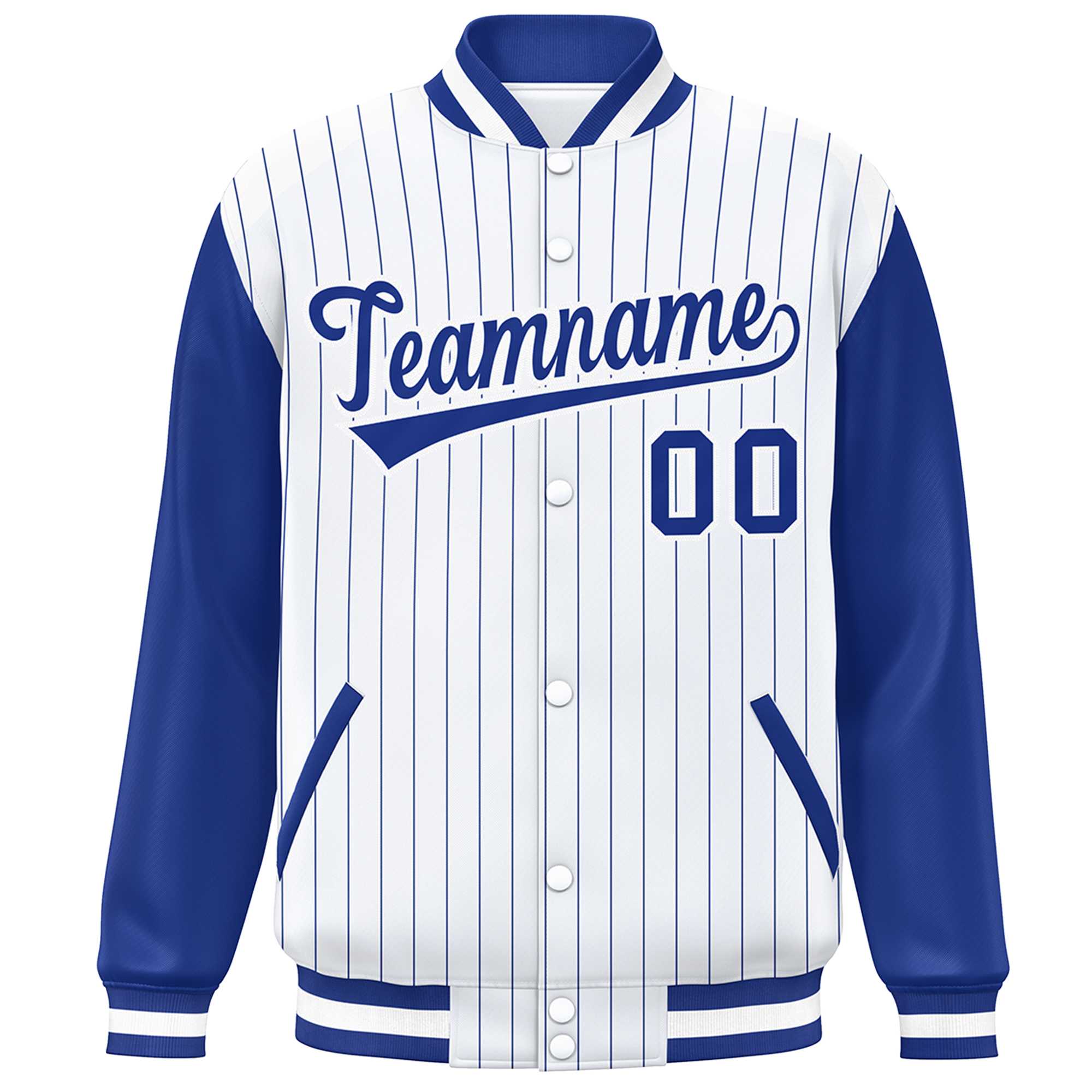 Custom White Royal Stripe Fashion Bomber Varsity Jacket with Raglan Sleeves