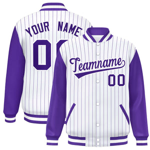 Custom White Purple Stripe Fashion Bomber Varsity Jacket with Raglan Sleeves