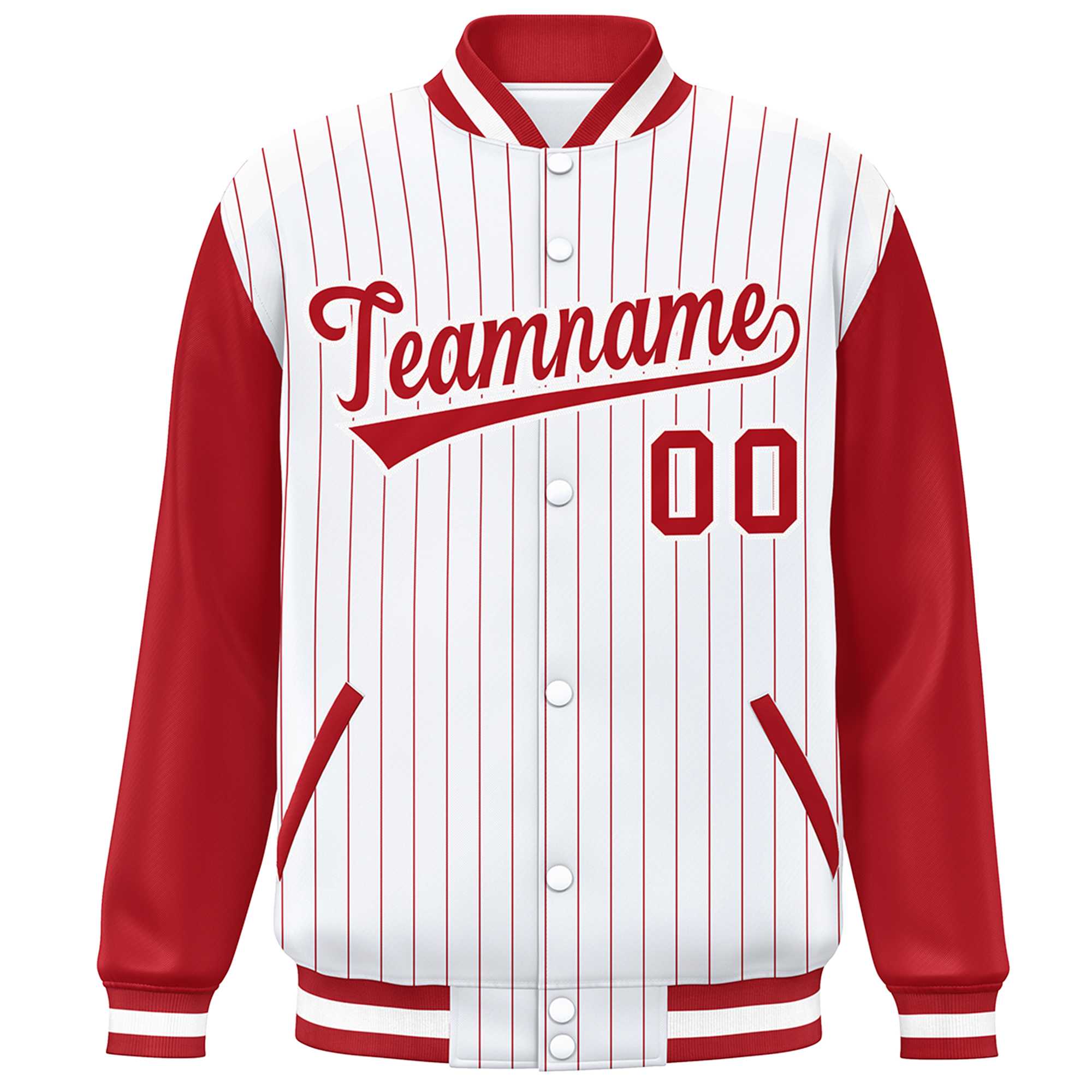 Custom White Red Stripe Fashion Bomber Varsity Jacket with Raglan Sleeves