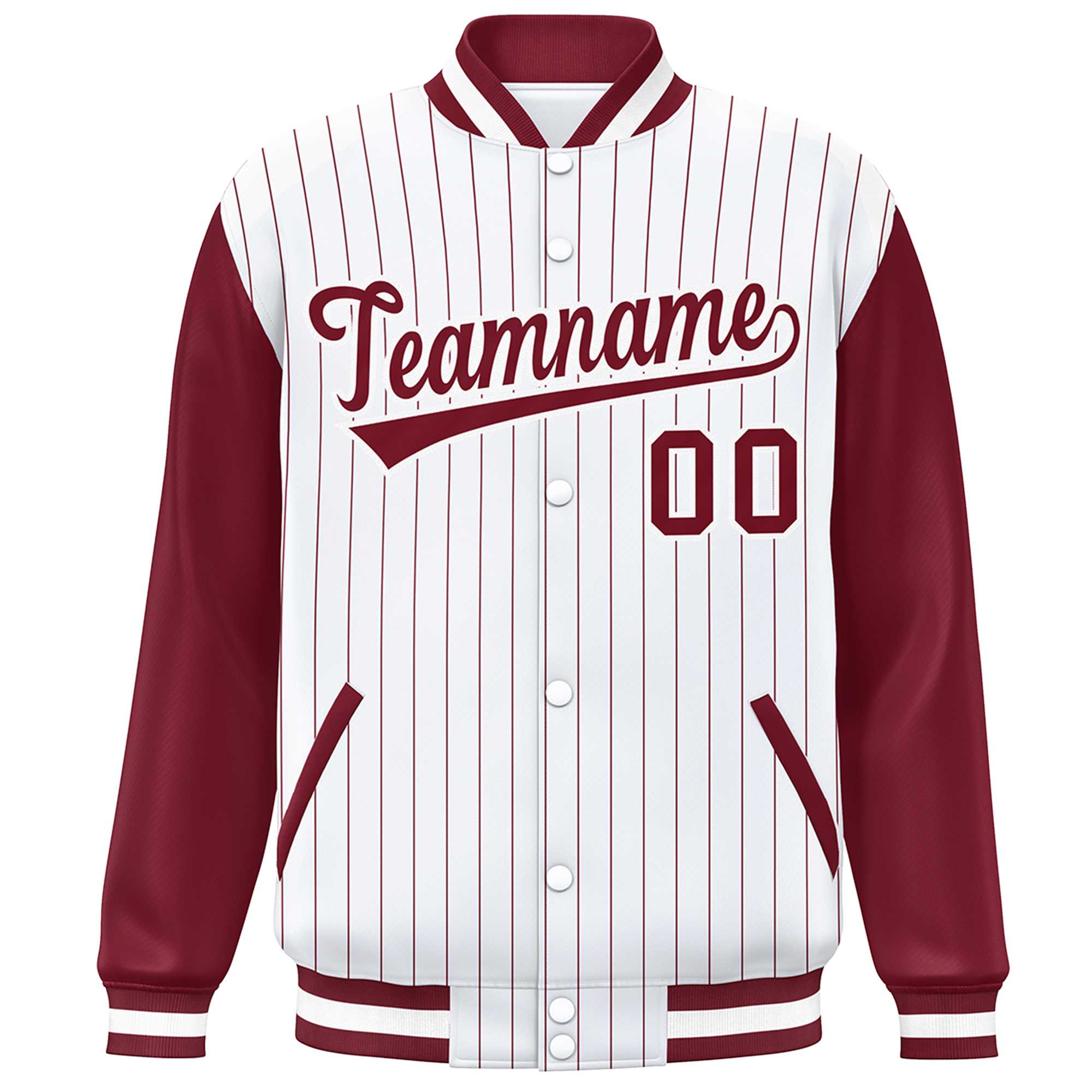 Custom White Crimson Stripe Fashion Bomber Varsity Jacket with Raglan Sleeves