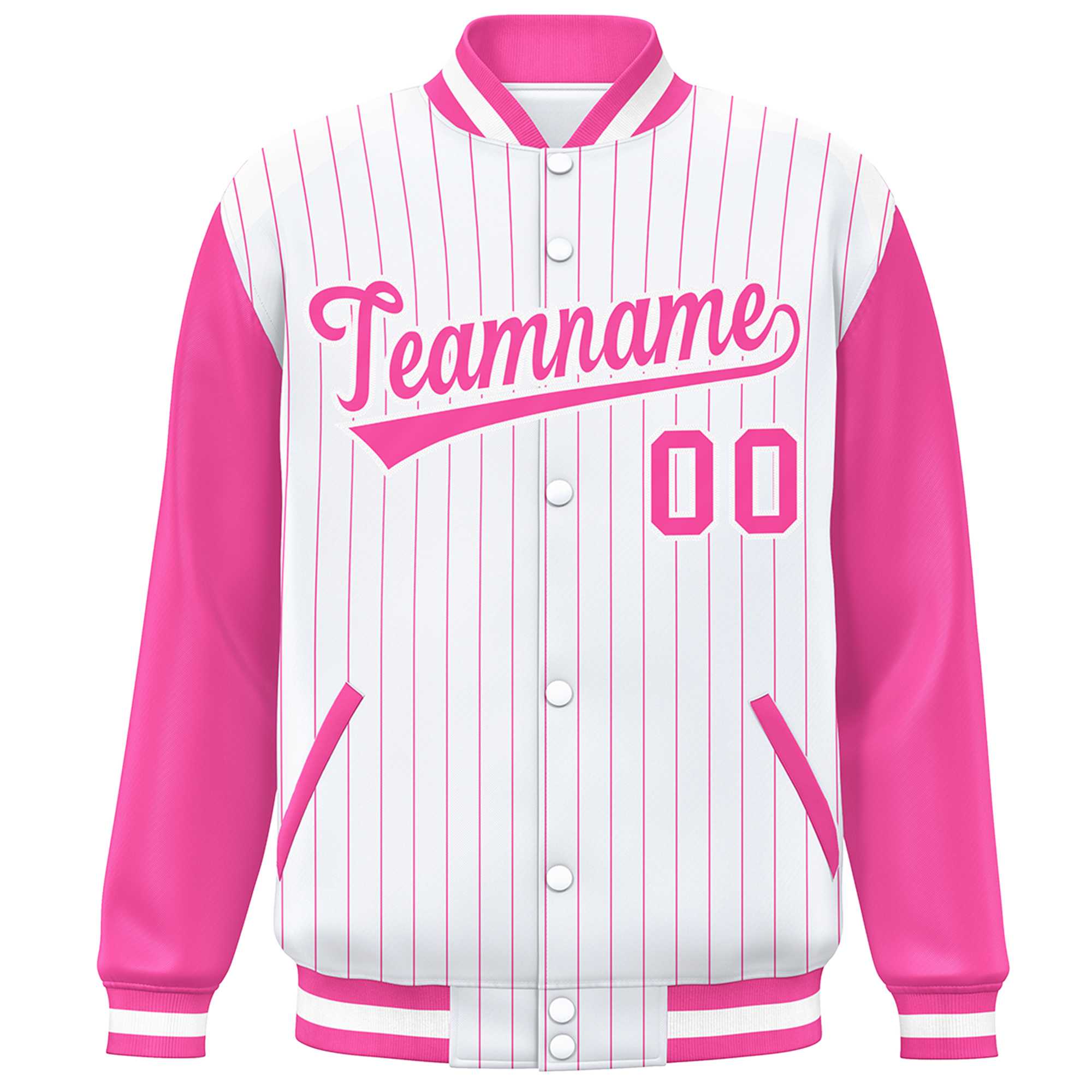 Custom White Pink Stripe Fashion Bomber Varsity Jacket with Raglan Sleeves