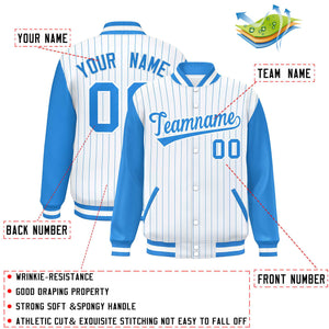 Custom White Powder Blue Stripe Fashion Bomber Varsity Jacket with Raglan Sleeves