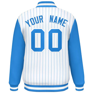 Custom White Powder Blue Stripe Fashion Bomber Varsity Jacket with Raglan Sleeves