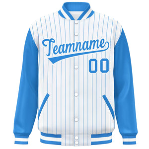 Custom White Powder Blue Stripe Fashion Bomber Varsity Jacket with Raglan Sleeves