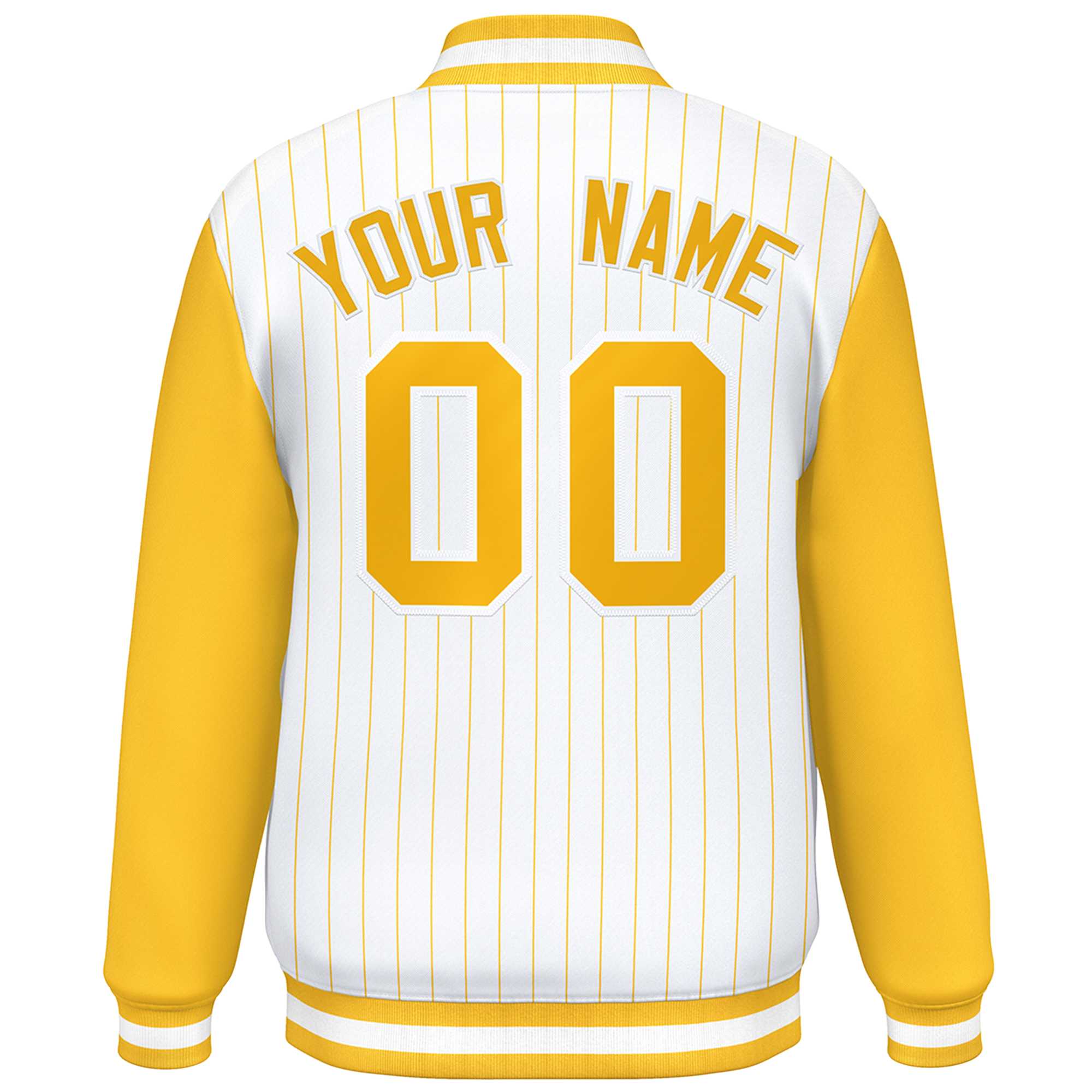 Custom White Gold Stripe Fashion Bomber Varsity Jacket with Raglan Sleeves