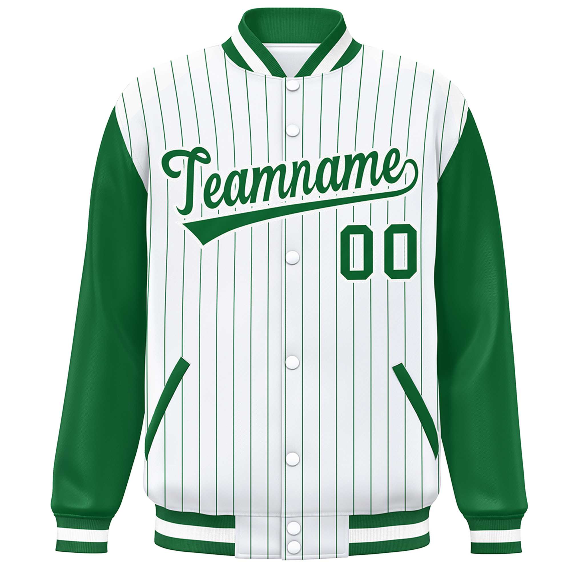 Custom White Kelly Green Stripe Fashion Bomber Varsity Jacket with Raglan Sleeves