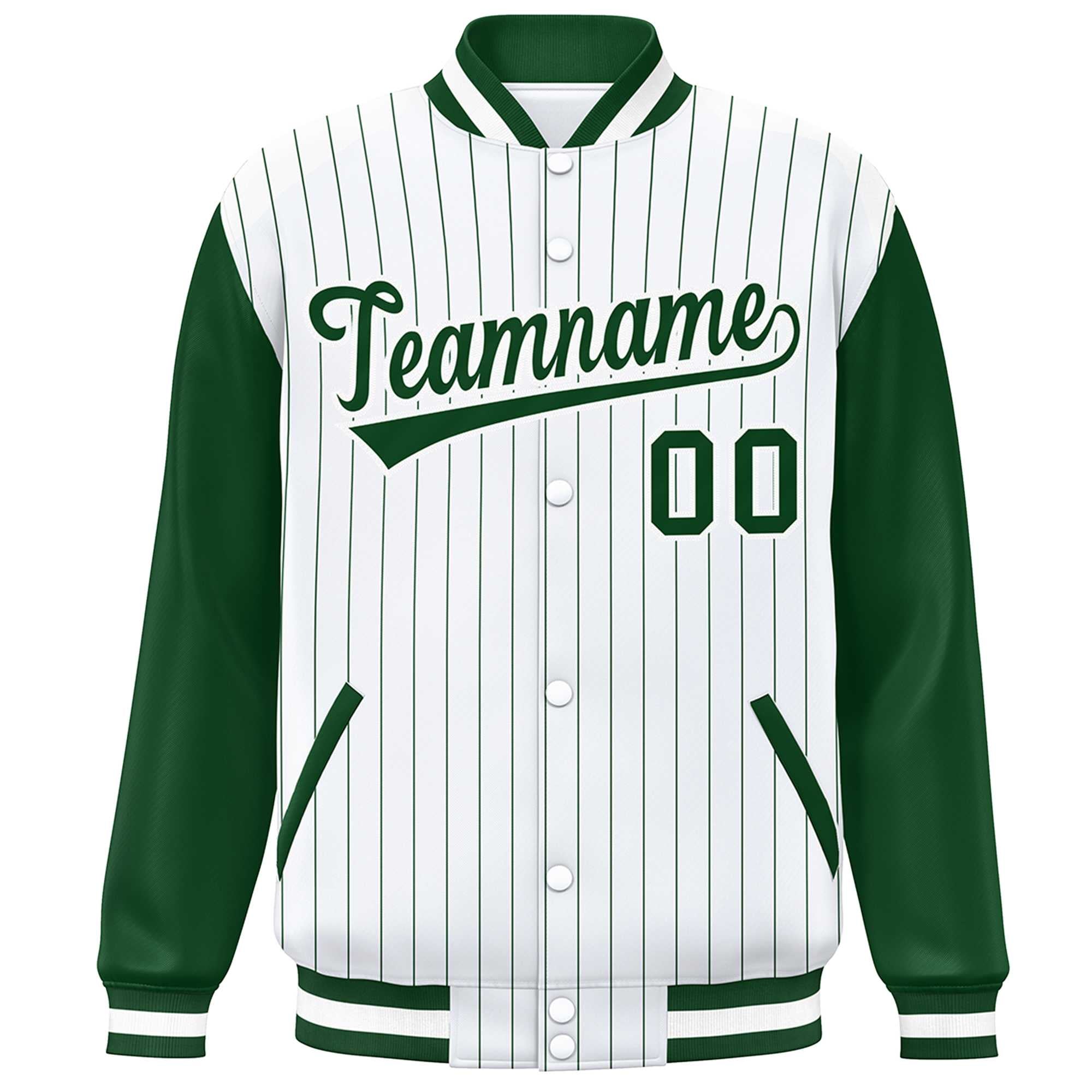 Custom White Green Stripe Fashion Bomber Varsity Jacket with Raglan Sleeves