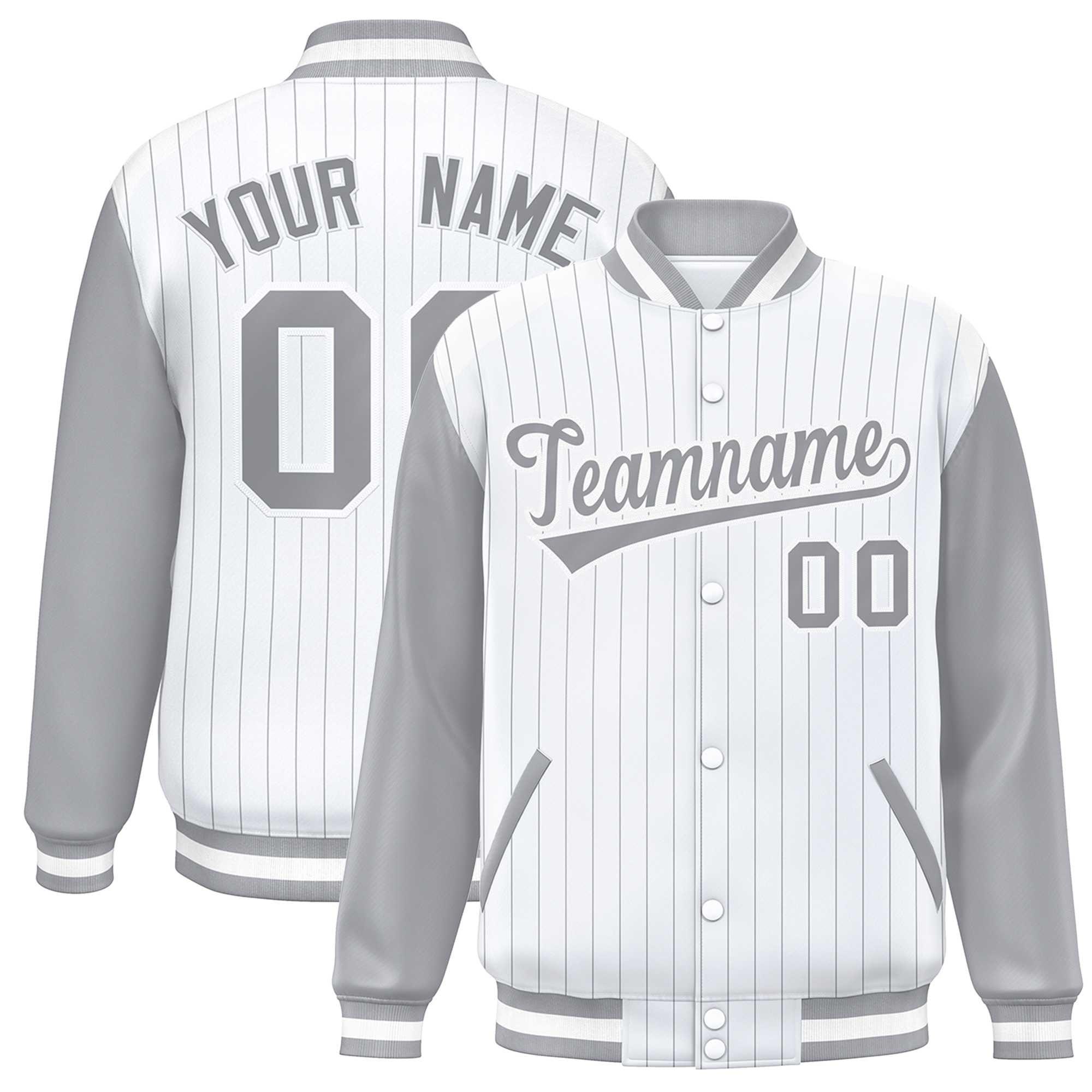 Custom White Gray Stripe Fashion Bomber Varsity Jacket with Raglan Sleeves