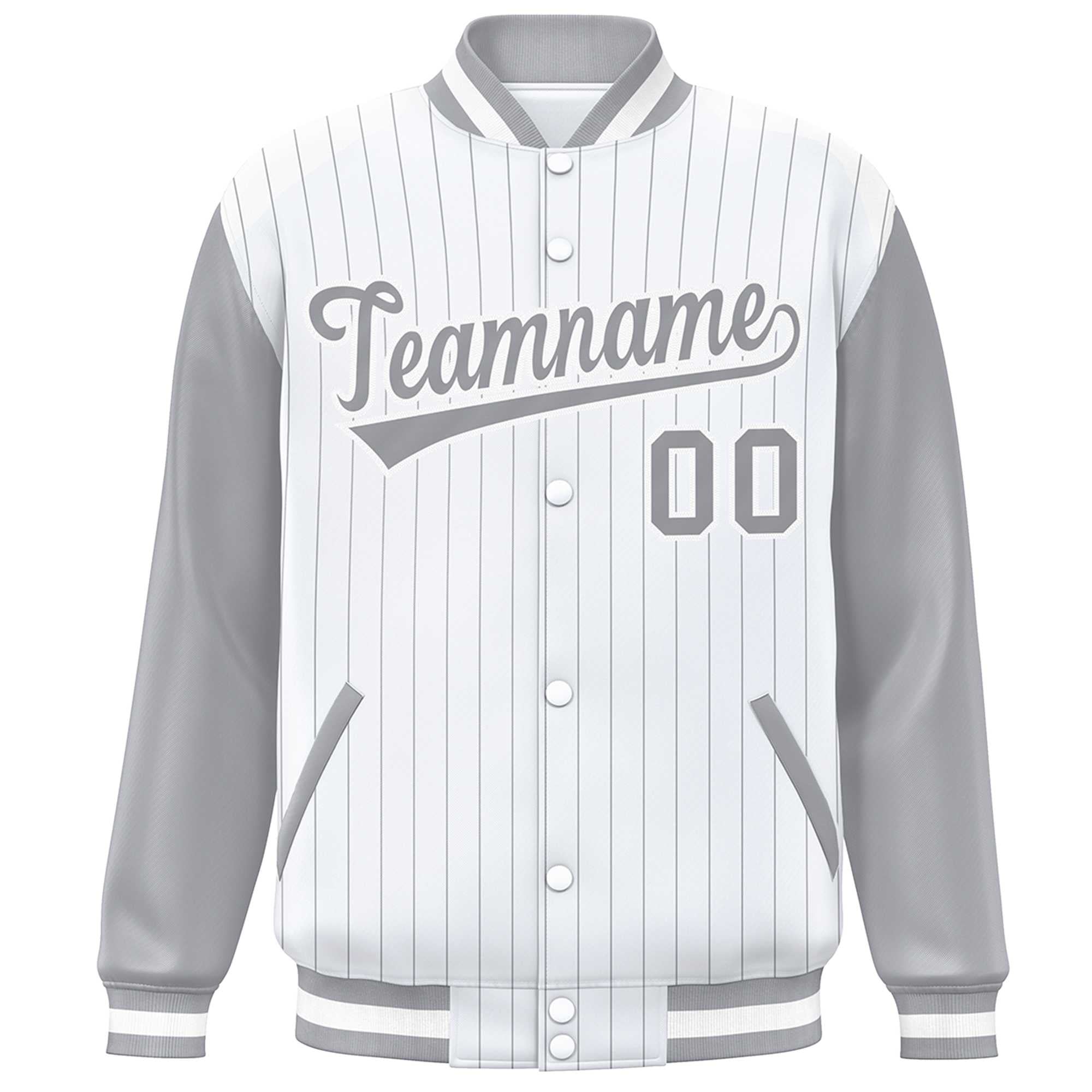 Custom White Gray Stripe Fashion Bomber Varsity Jacket with Raglan Sleeves