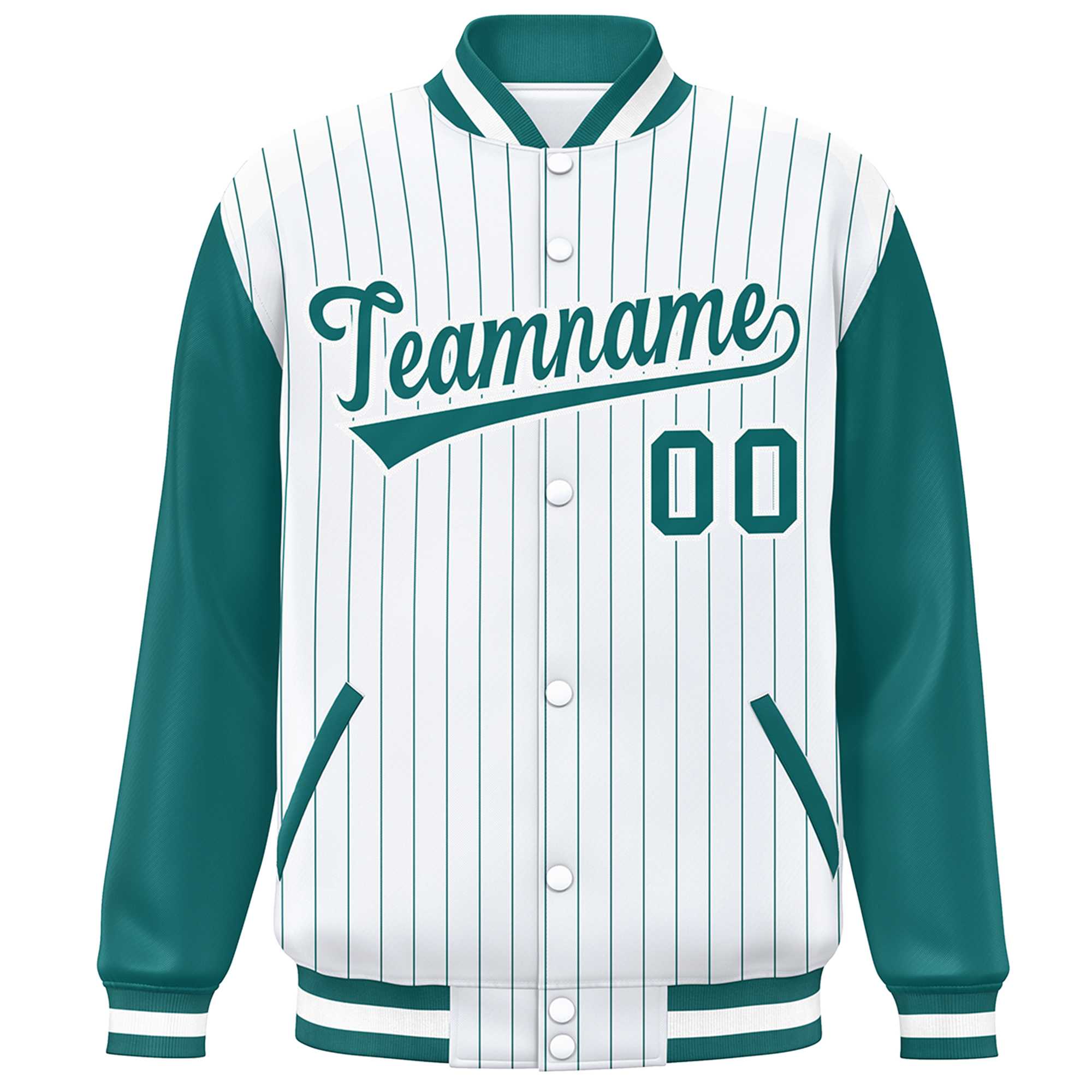 Custom White Aqua Stripe Fashion Bomber Varsity Jacket with Raglan Sleeves