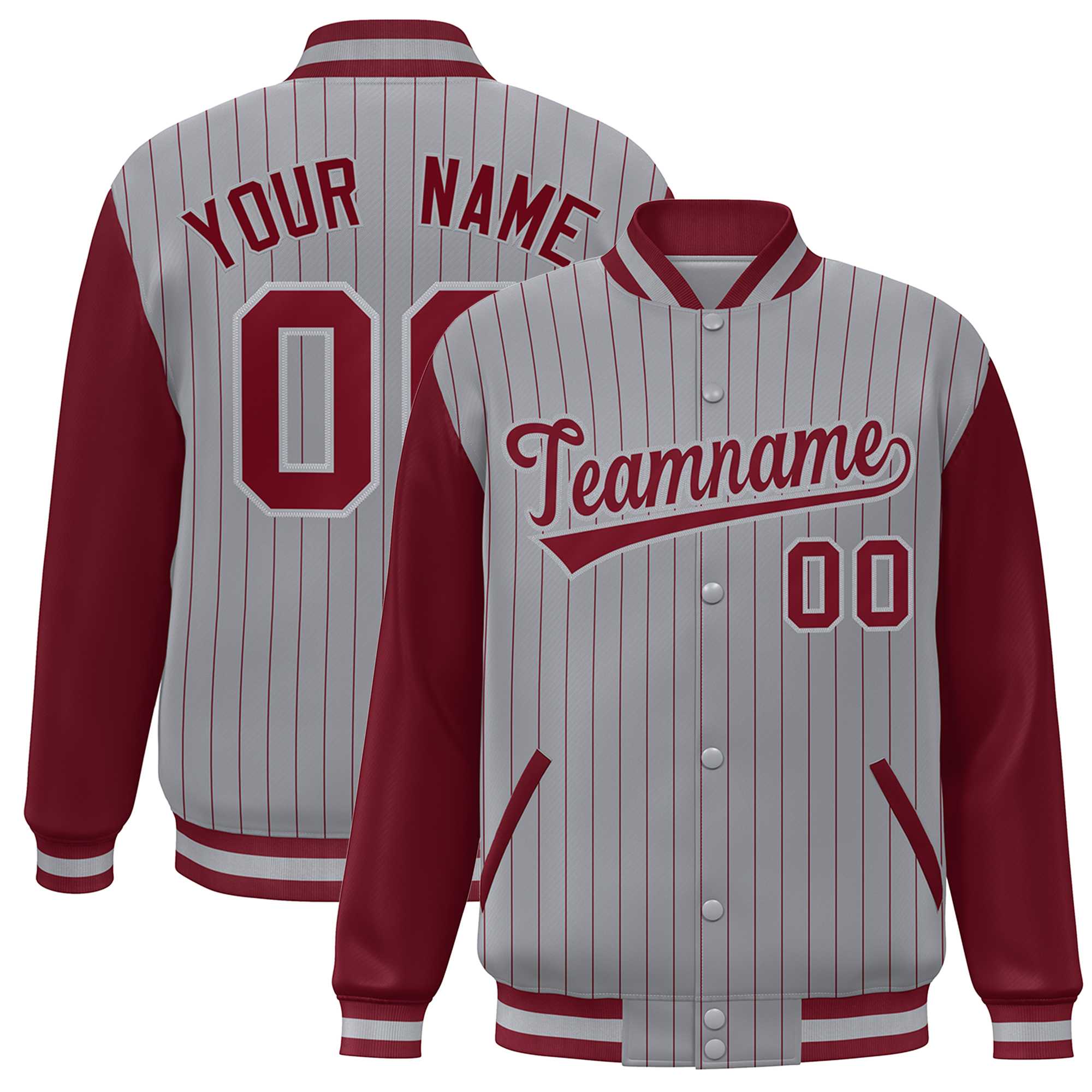 Custom Gray Crimson Stripe Fashion Bomber Varsity Jacket with Raglan Sleeves