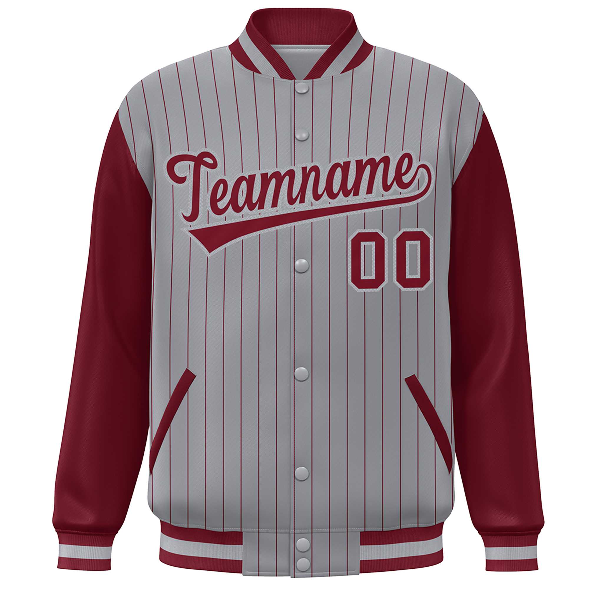 Custom Gray Crimson Stripe Fashion Bomber Varsity Jacket with Raglan Sleeves