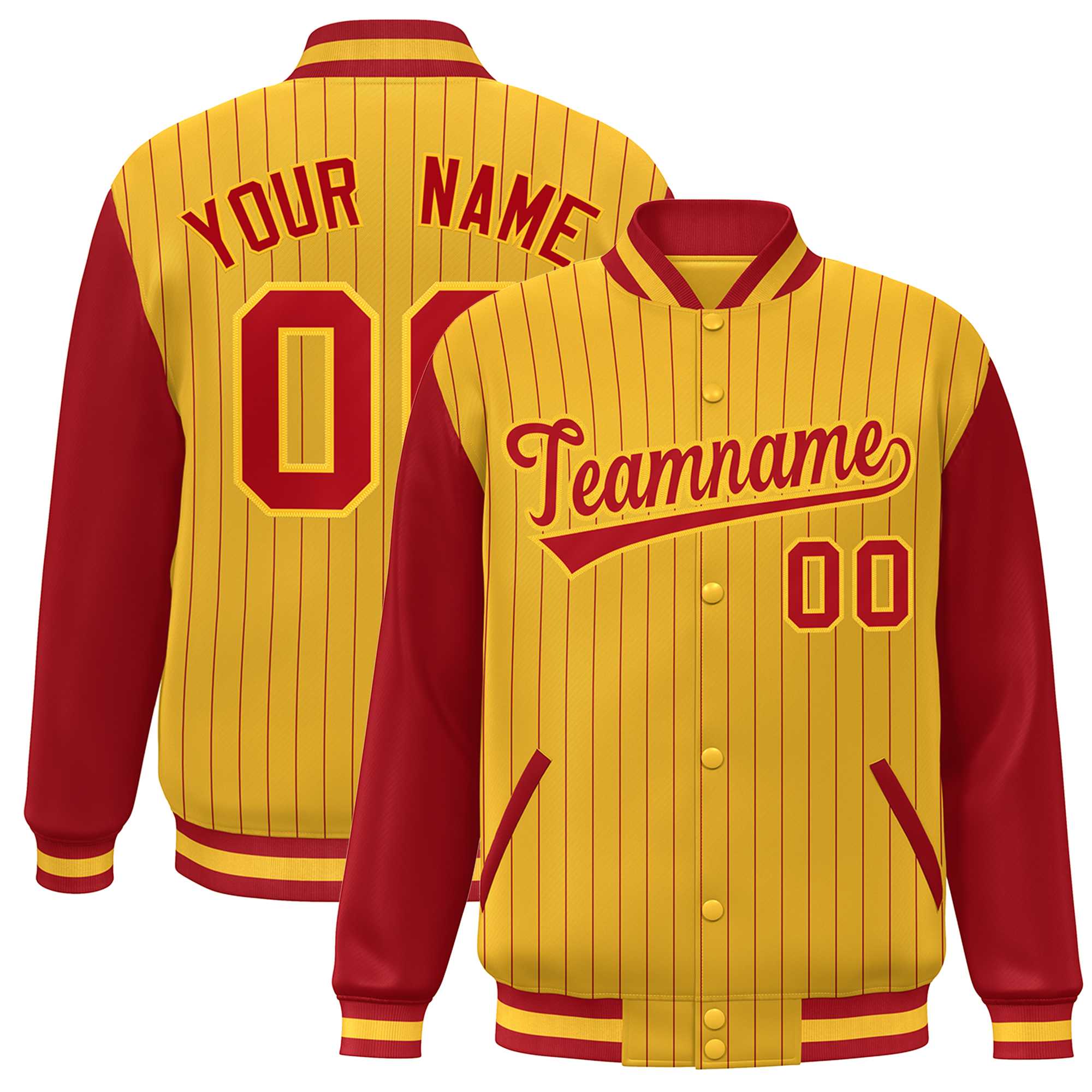 Custom Gold Red Stripe Fashion Bomber Varsity Jacket with Raglan Sleeves