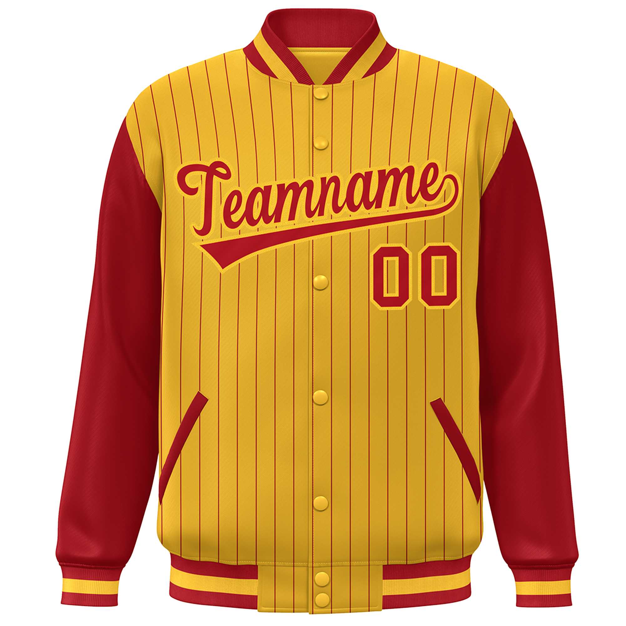 Custom Gold Red Stripe Fashion Bomber Varsity Jacket with Raglan Sleeves