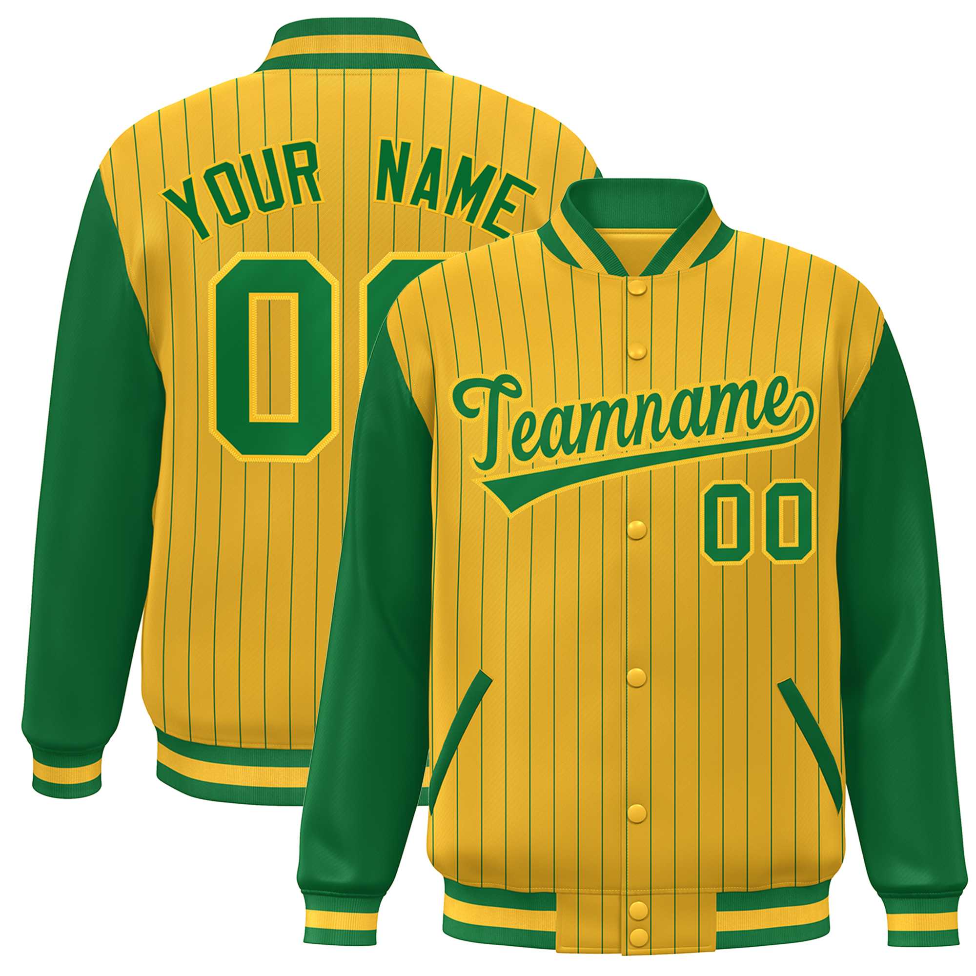 Custom Gold Kelly Green Stripe Fashion Bomber Varsity Jacket with Raglan Sleeves