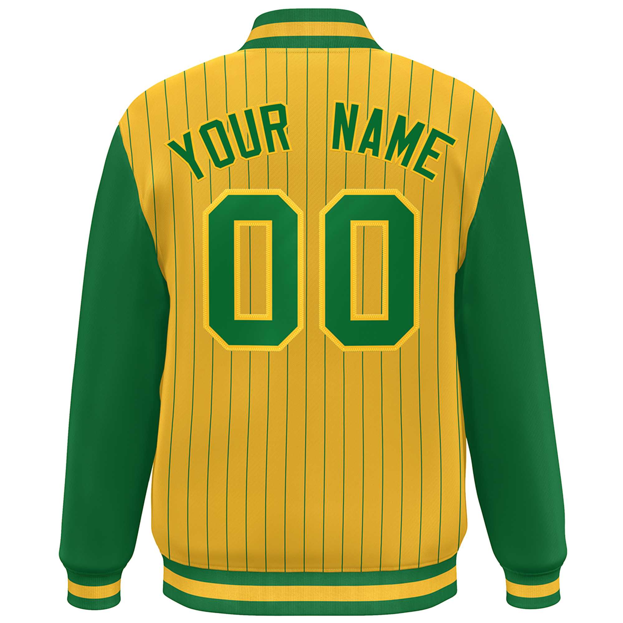 Custom Gold Kelly Green Stripe Fashion Bomber Varsity Jacket with Raglan Sleeves