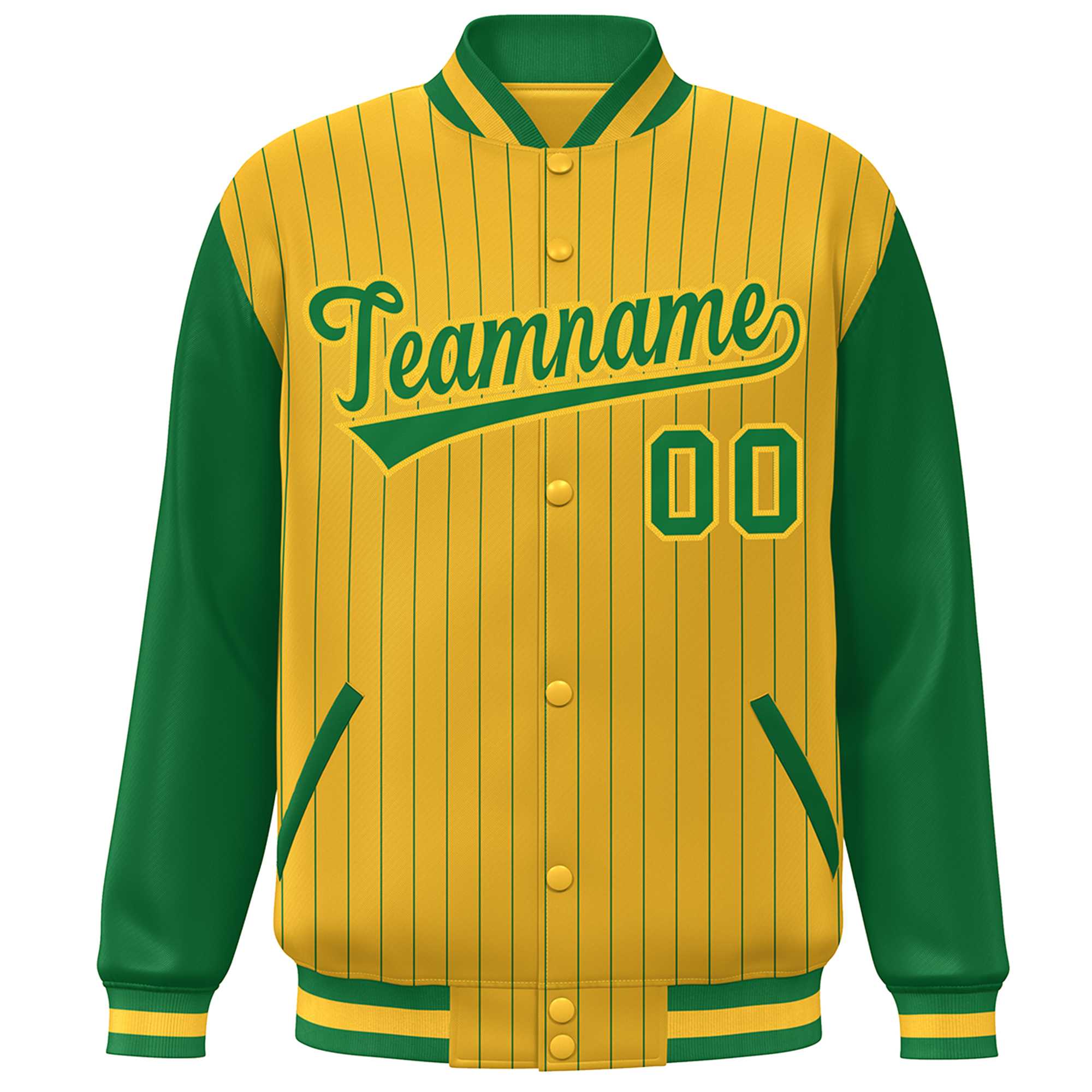 Custom Gold Kelly Green Stripe Fashion Bomber Varsity Jacket with Raglan Sleeves