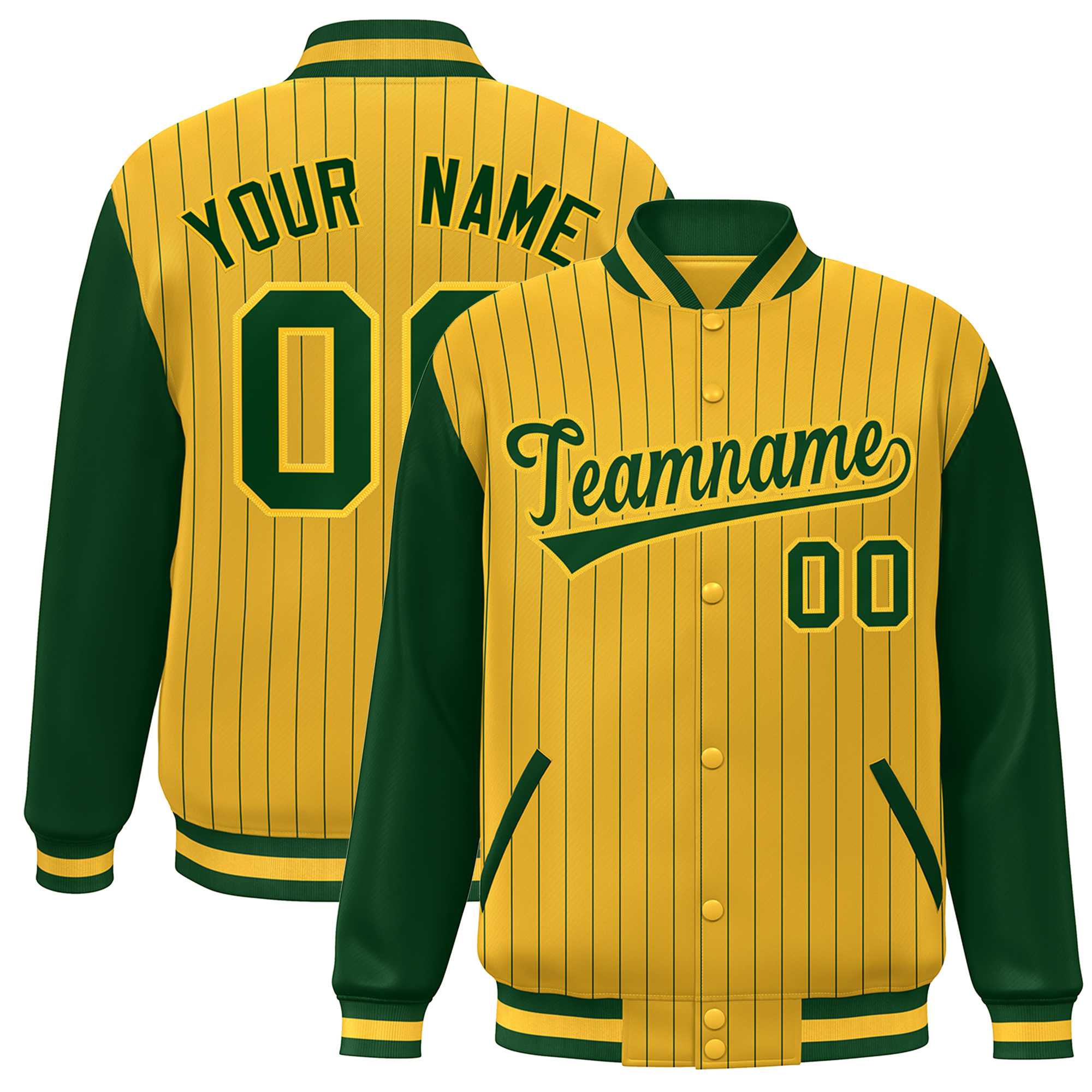 Custom Gold Green Stripe Fashion Bomber Varsity Jacket with Raglan Sleeves