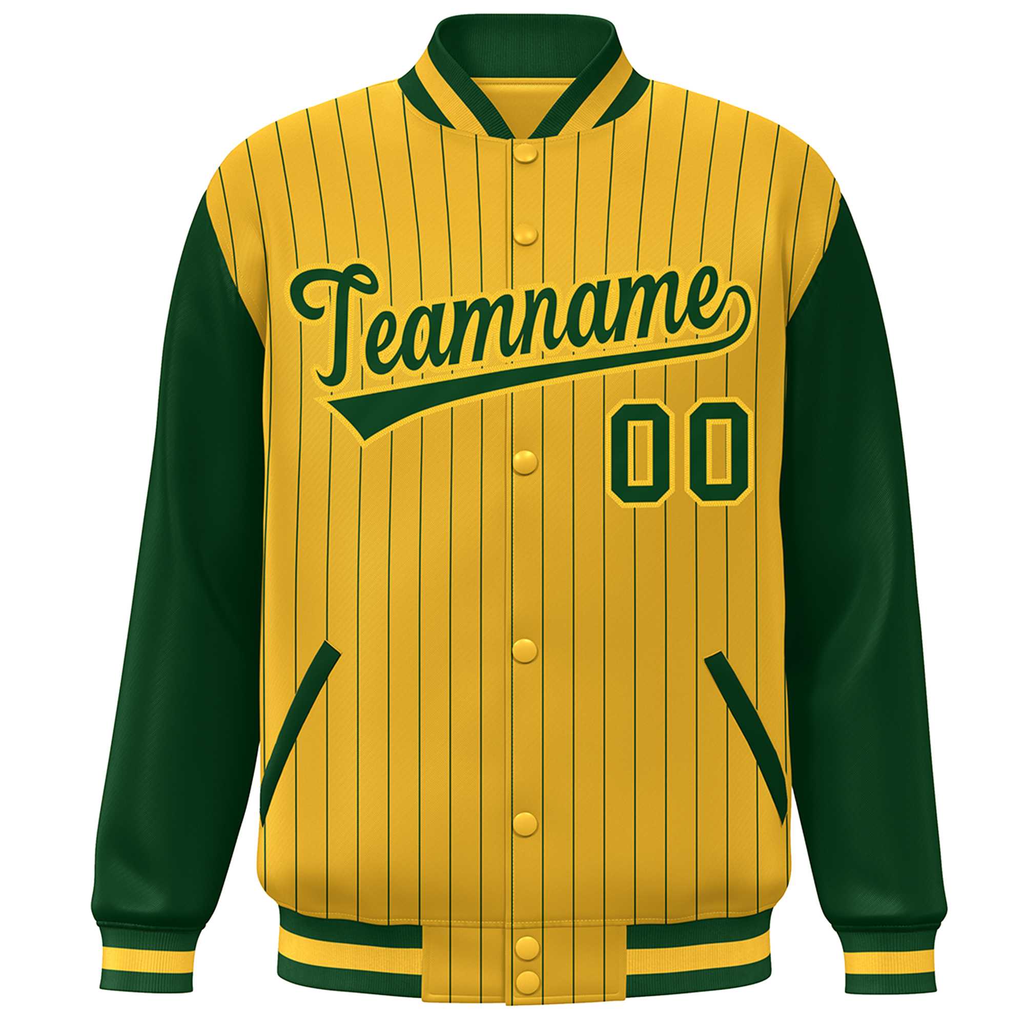 Custom Gold Green Stripe Fashion Bomber Varsity Jacket with Raglan Sleeves