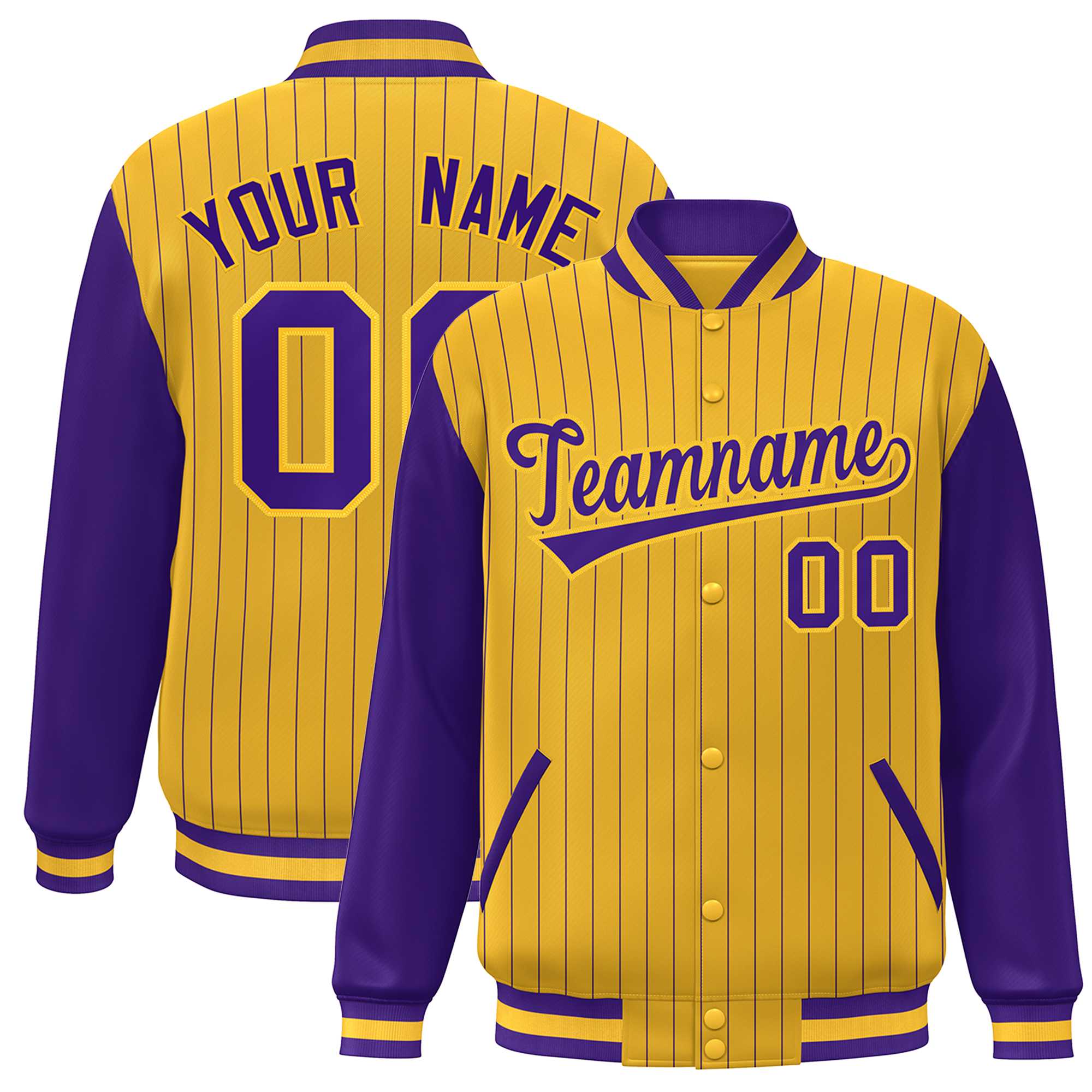 Custom Gold Purple Stripe Fashion Bomber Varsity Jacket with Raglan Sleeves