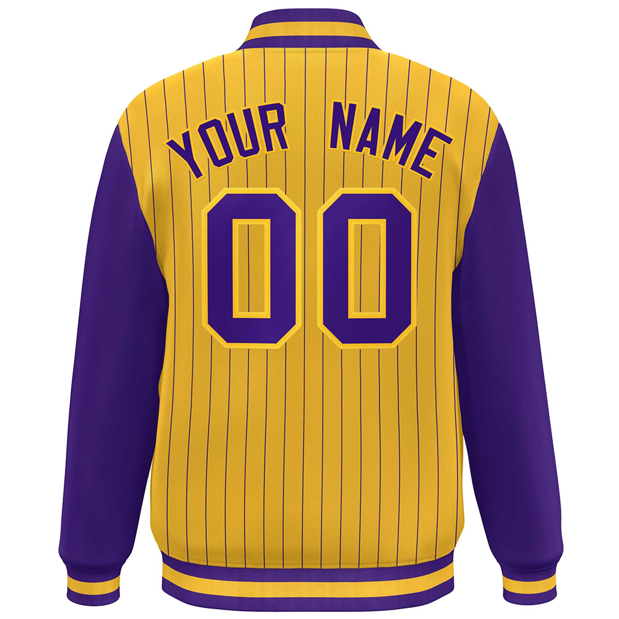 Custom Gold Purple Stripe Fashion Bomber Varsity Jacket with Raglan Sleeves