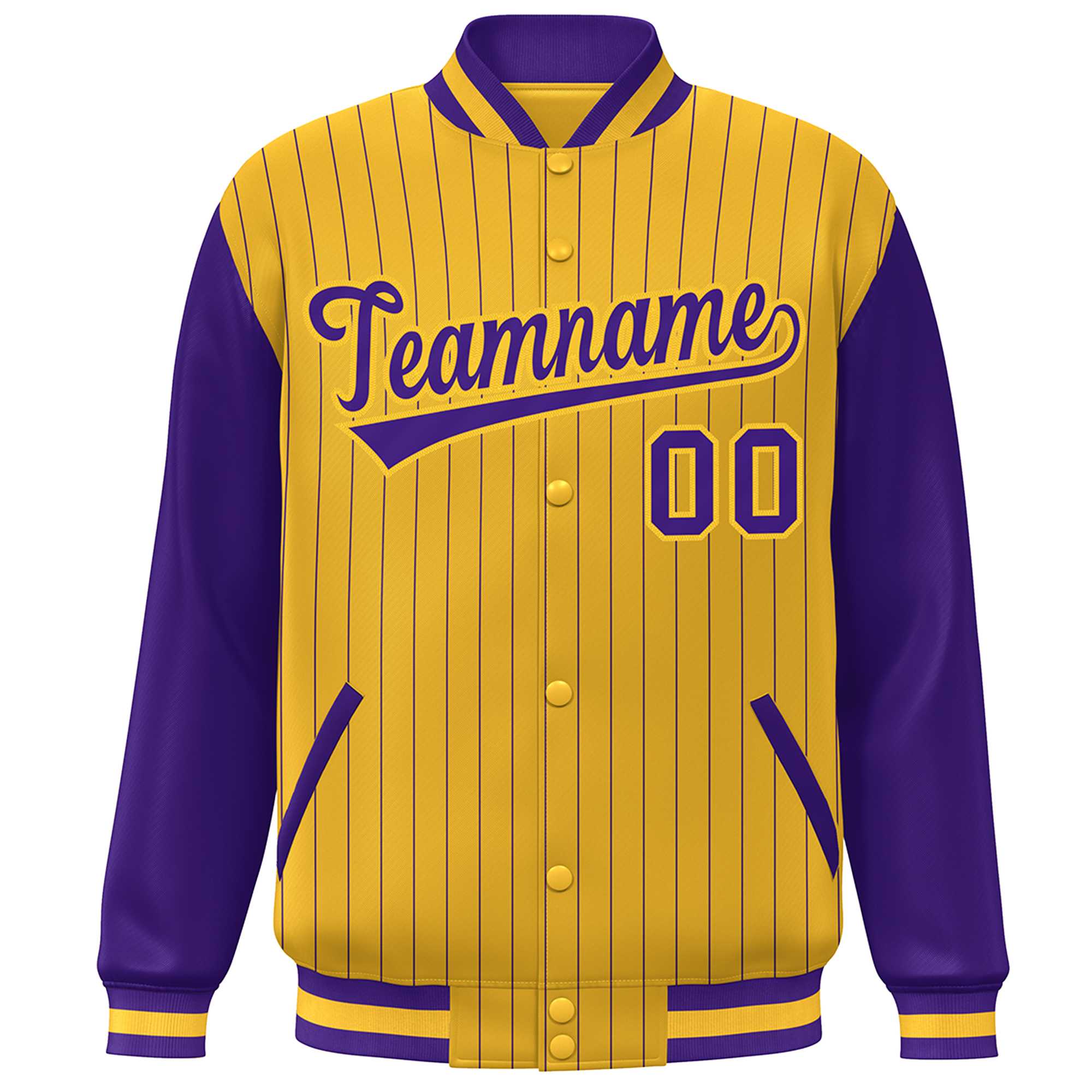 Custom Gold Purple Stripe Fashion Bomber Varsity Jacket with Raglan Sleeves