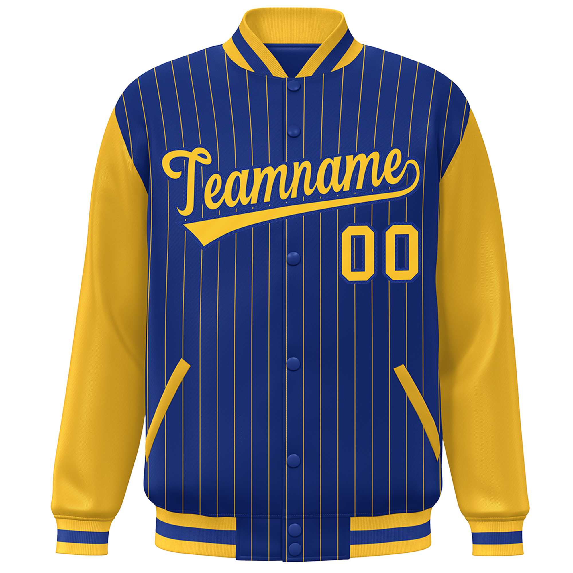 Custom Royal Gold Stripe Fashion Bomber Varsity Jacket with Raglan Sleeves