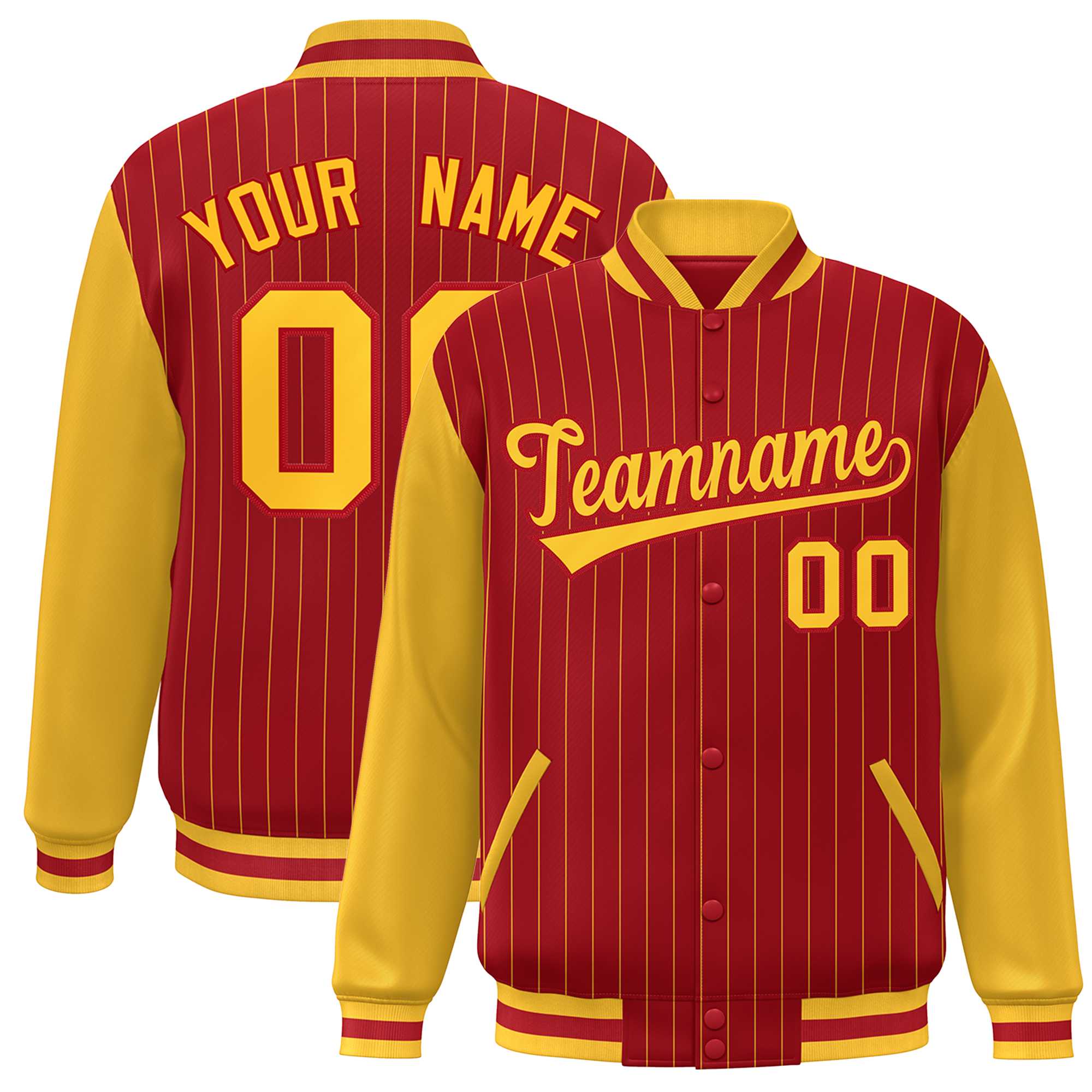 Custom Red Gold Stripe Fashion Bomber Varsity Jacket with Raglan Sleeves