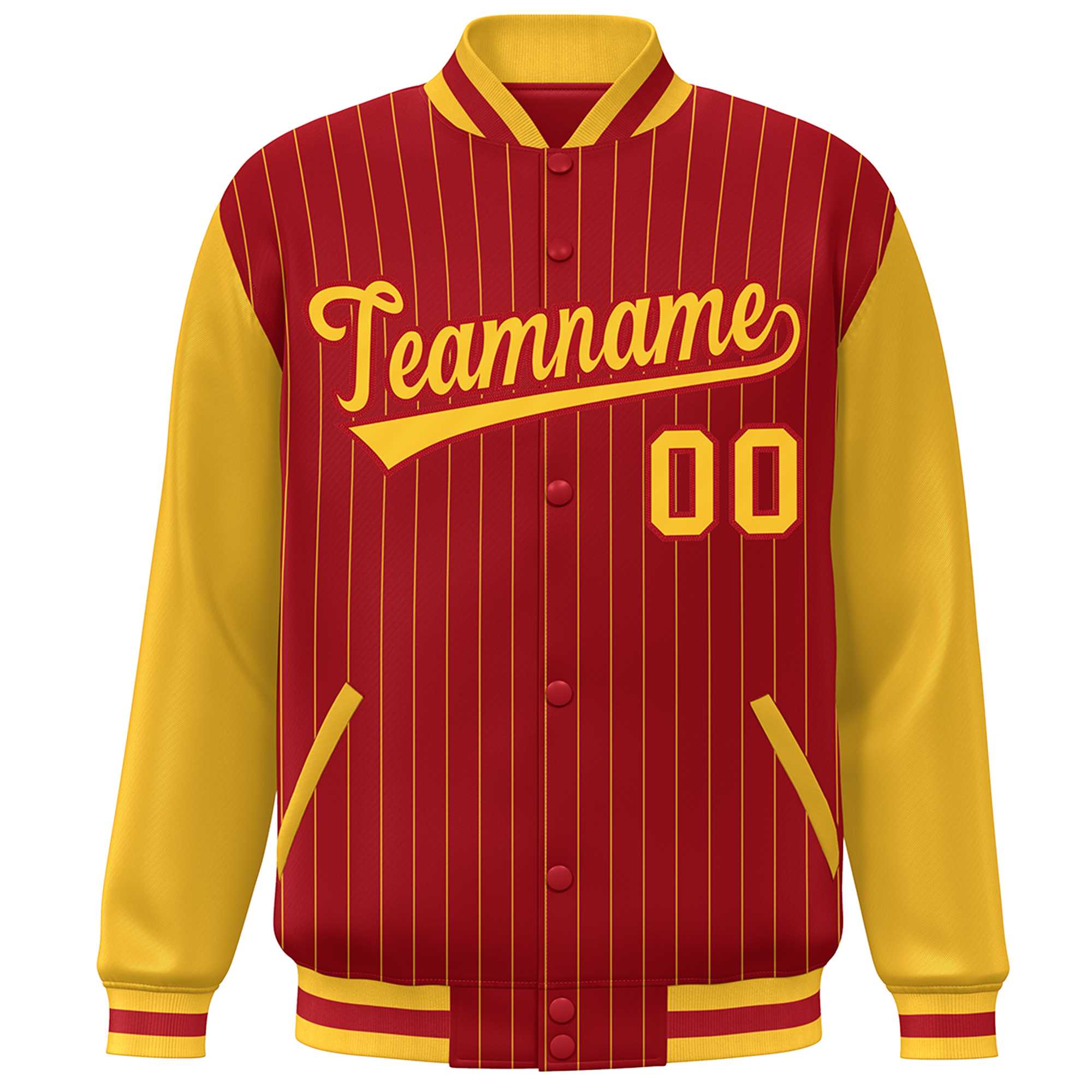 Custom Red Gold Stripe Fashion Bomber Varsity Jacket with Raglan Sleeves