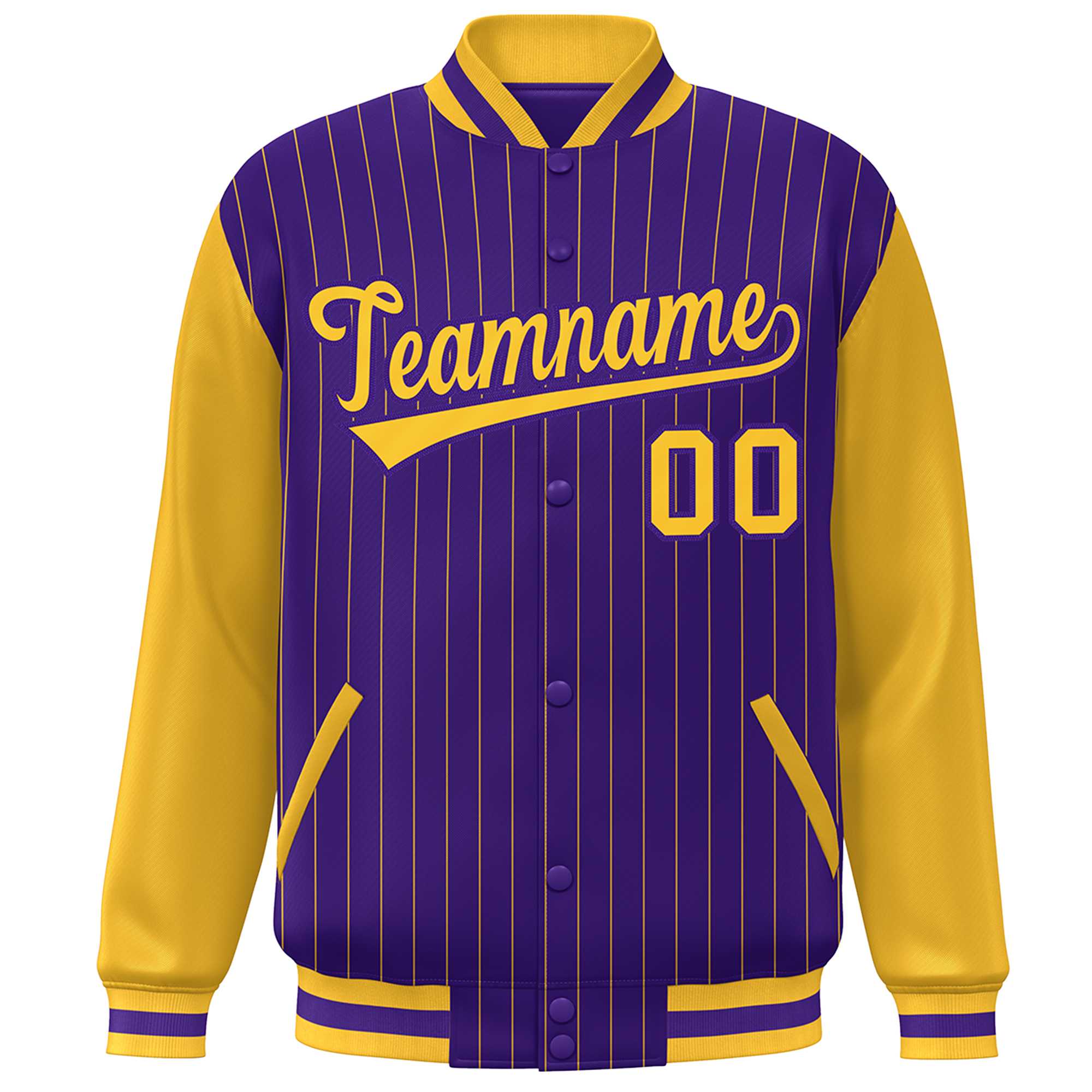 Custom Purple Gold Stripe Fashion Bomber Varsity Jacket with Raglan Sleeves