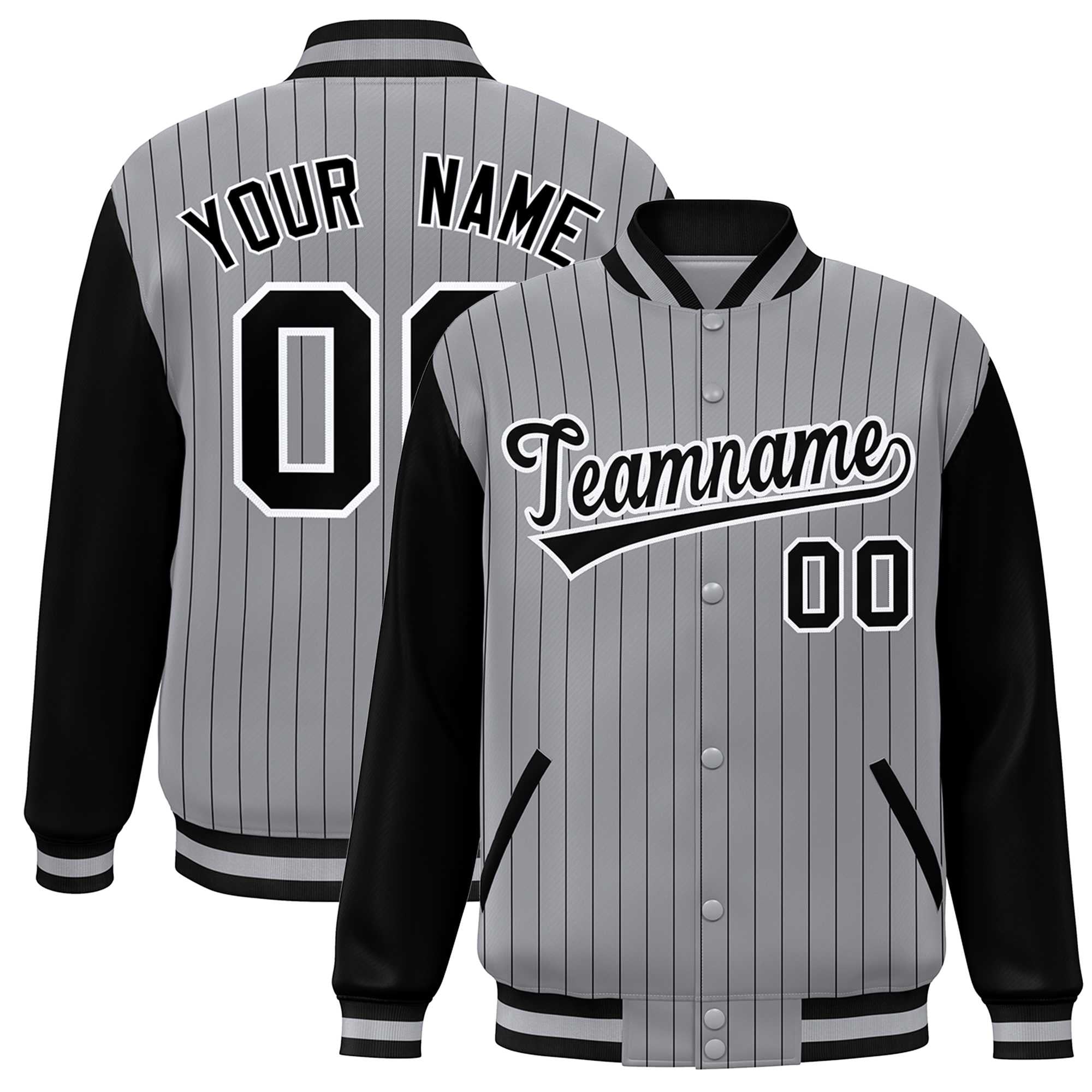 Custom Gray Black-White Stripe Fashion Bomber Varsity Jacket with Raglan Sleeves