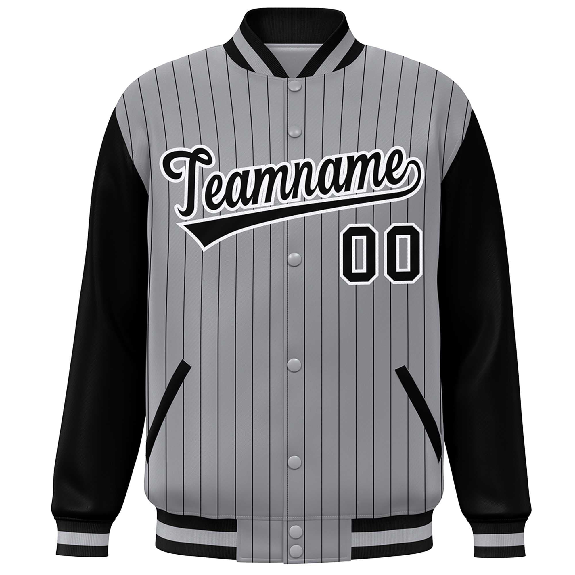 Custom Gray Black-White Stripe Fashion Bomber Varsity Jacket with Raglan Sleeves