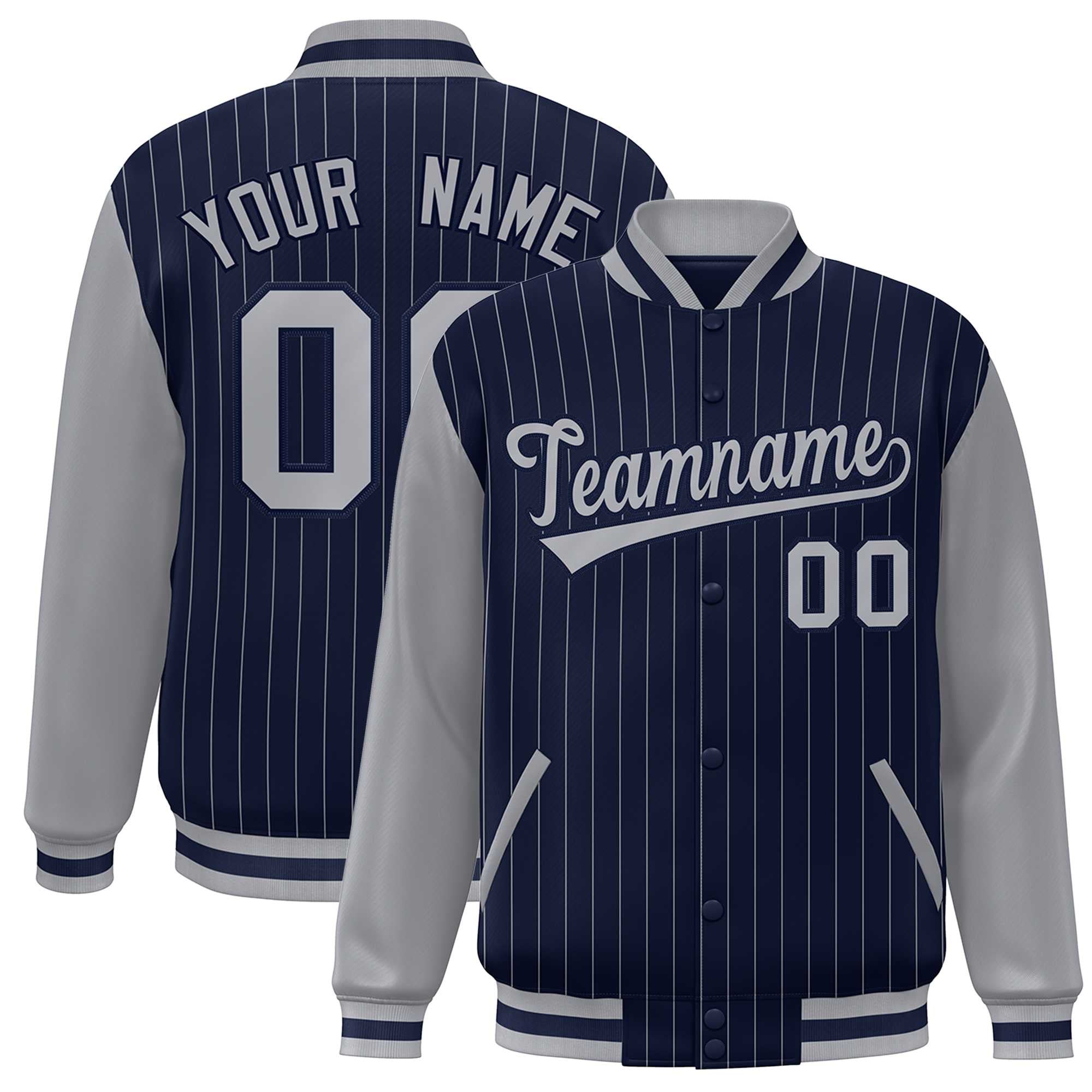 Custom Navy Gray Stripe Fashion Bomber Varsity Jacket with Raglan Sleeves