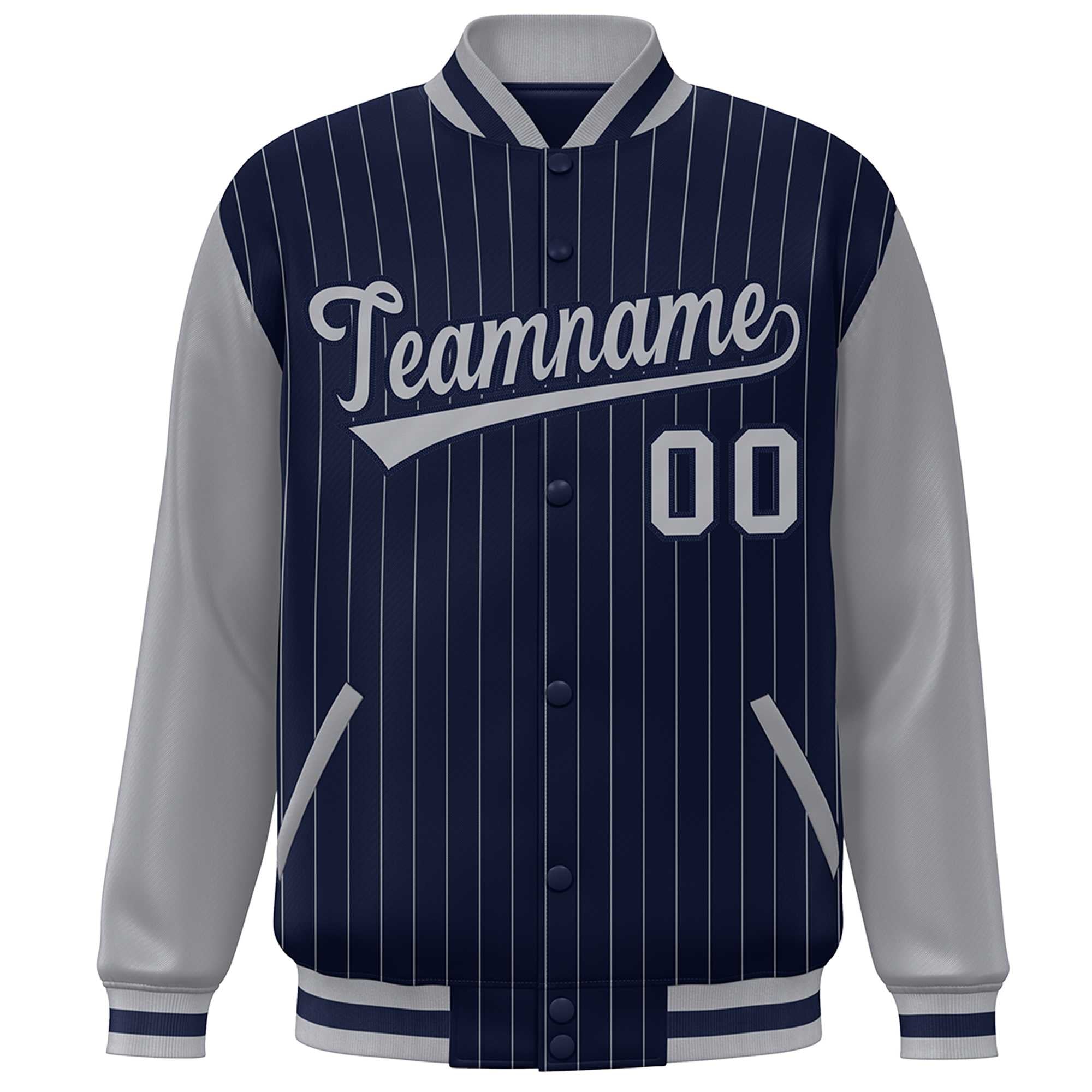 Custom Navy Gray Stripe Fashion Bomber Varsity Jacket with Raglan Sleeves