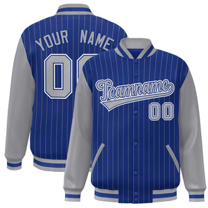 Custom Royal Gray-White Stripe Fashion Bomber Varsity Jacket with Raglan Sleeves