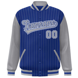 Custom Royal Gray-White Stripe Fashion Bomber Varsity Jacket with Raglan Sleeves