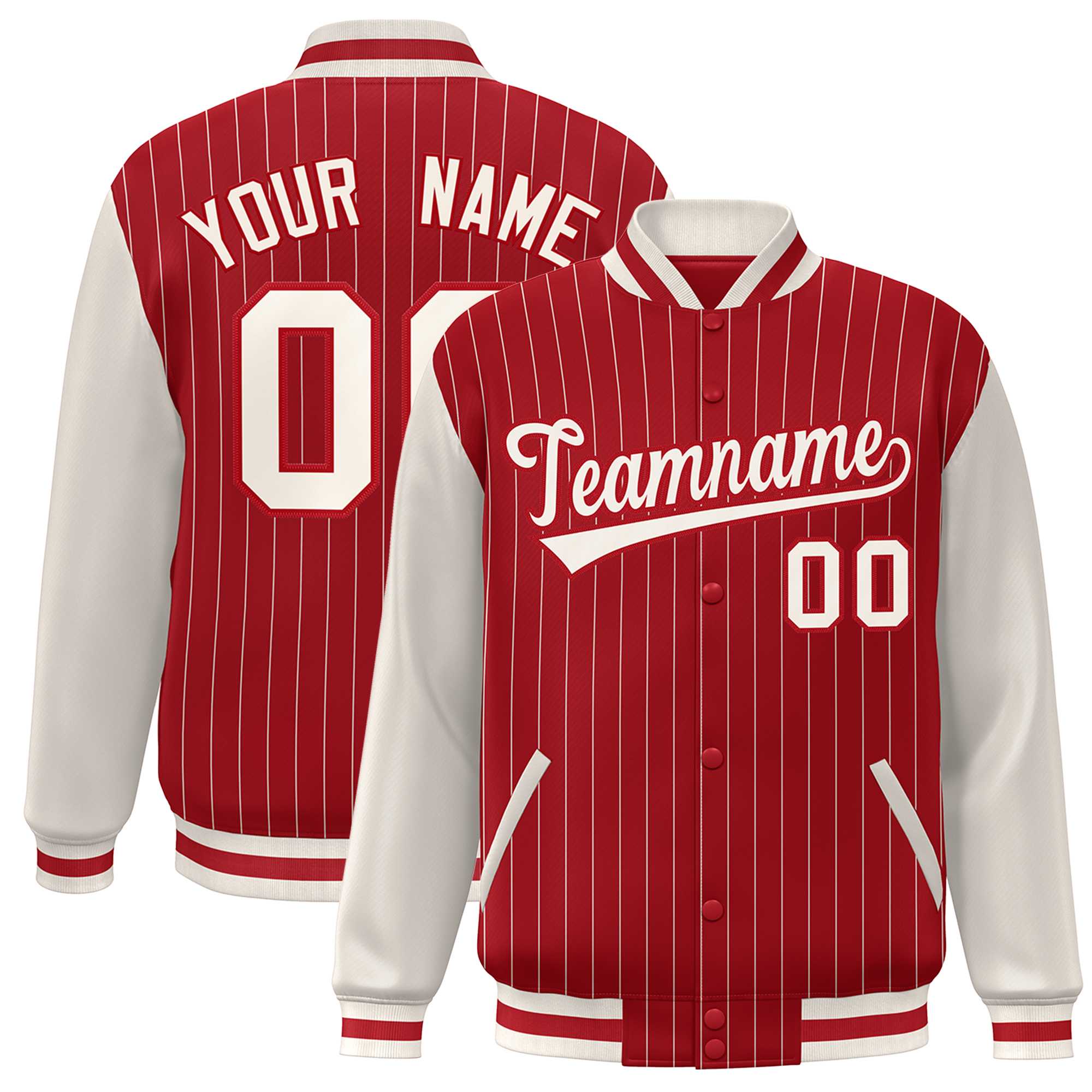 Custom Red Cream Stripe Fashion Bomber Varsity Jacket with Raglan Sleeves