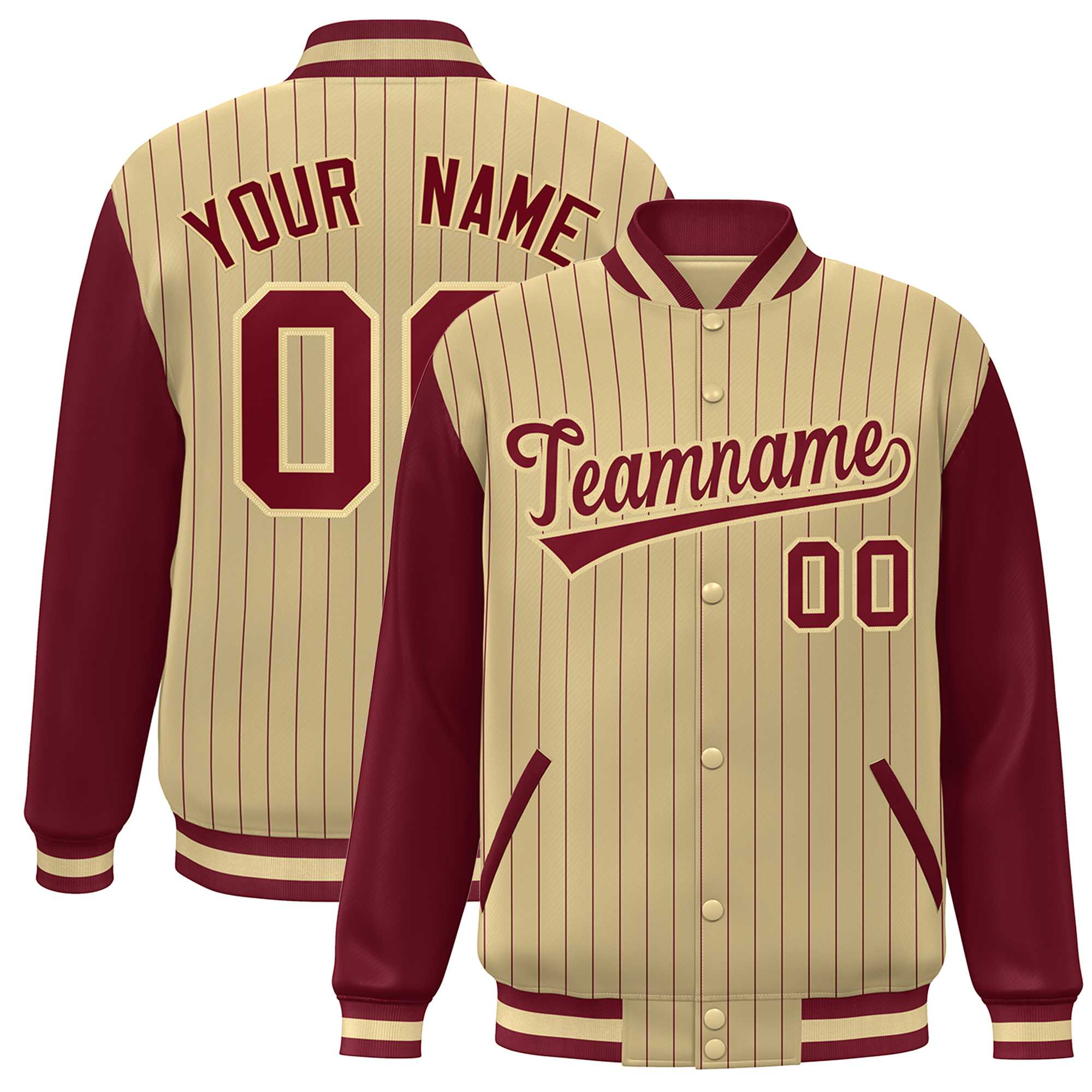 Custom Khaki Crimson Stripe Fashion Bomber Varsity Jacket with Raglan Sleeves