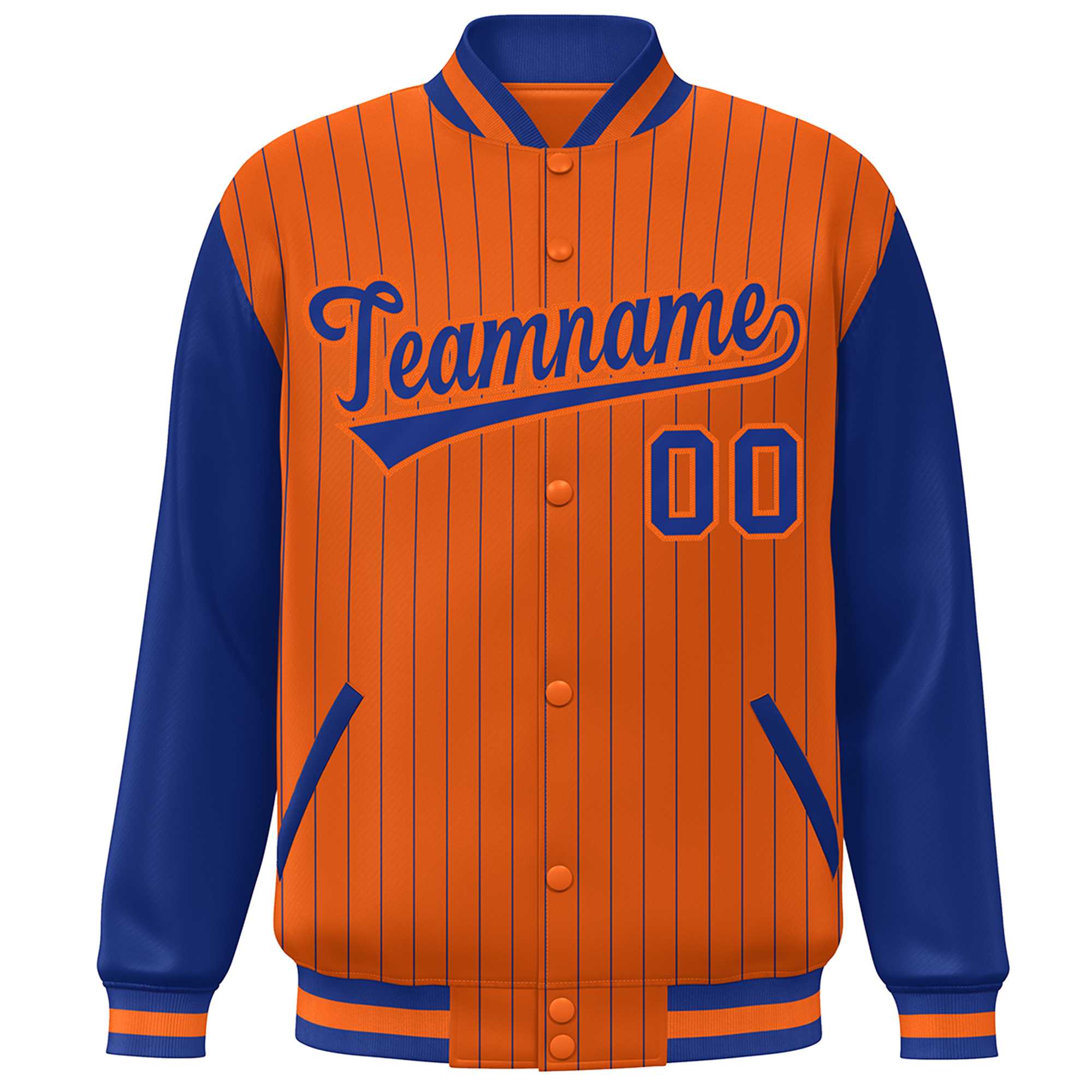 Custom Orange Royal Stripe Fashion Bomber Varsity Jacket with Raglan Sleeves