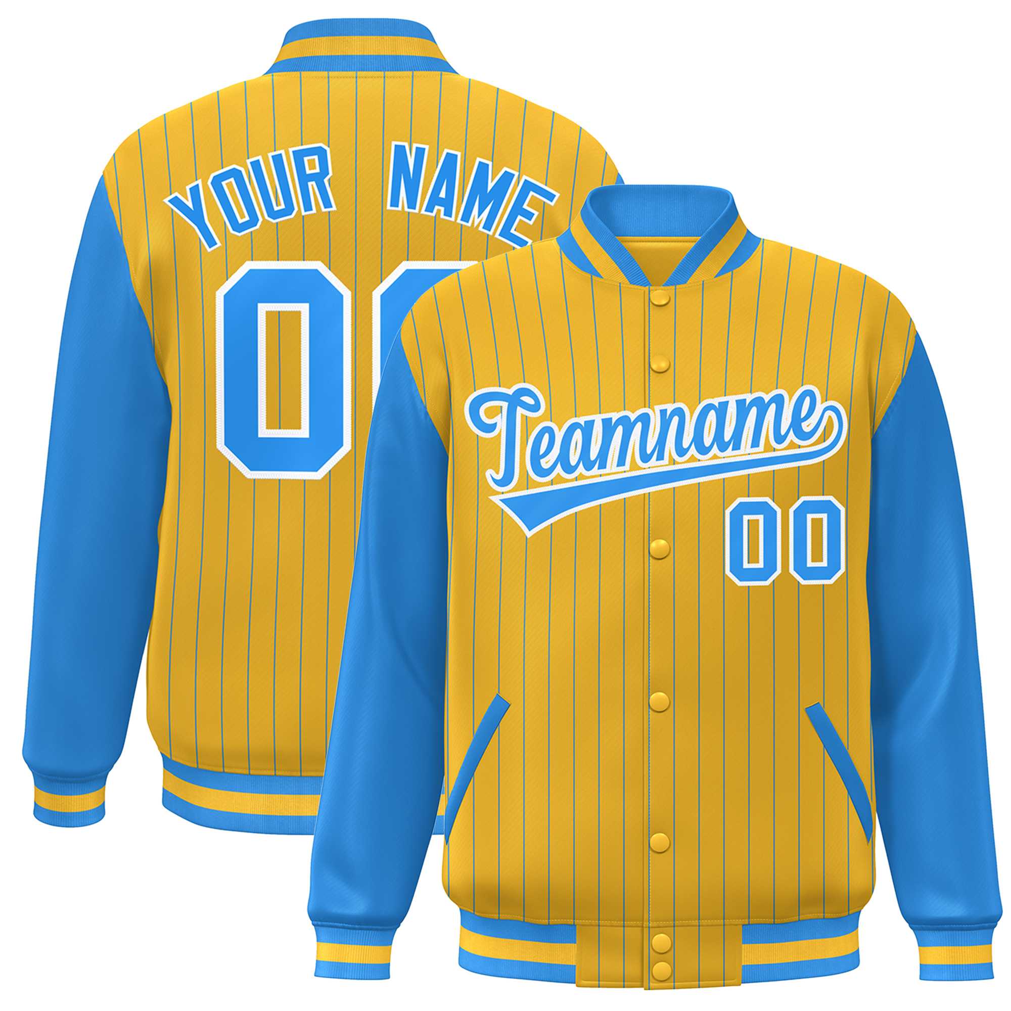 Custom Gold Powder Blue-White Stripe Fashion Bomber Varsity Jacket with Raglan Sleeves