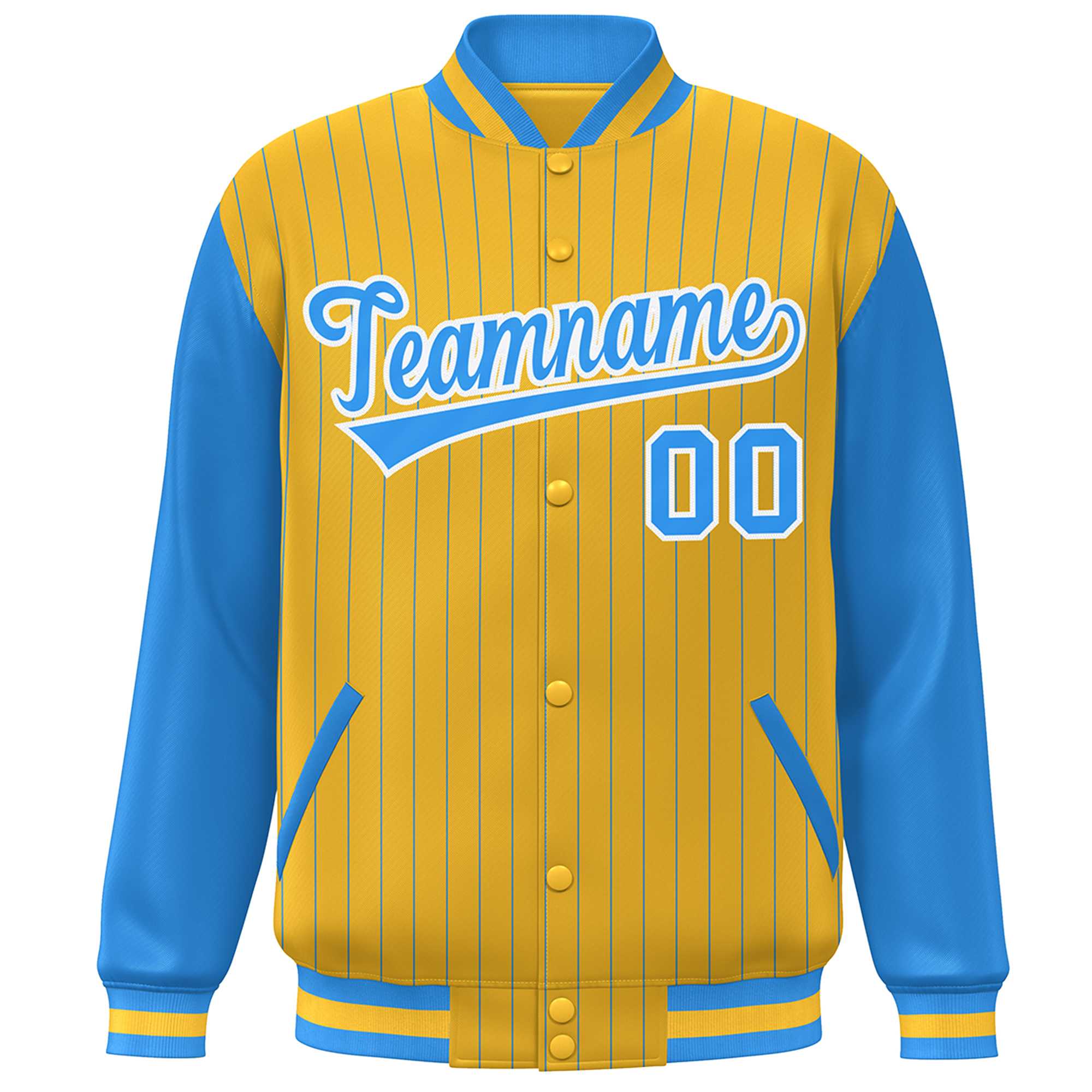 Custom Gold Powder Blue-White Stripe Fashion Bomber Varsity Jacket with Raglan Sleeves