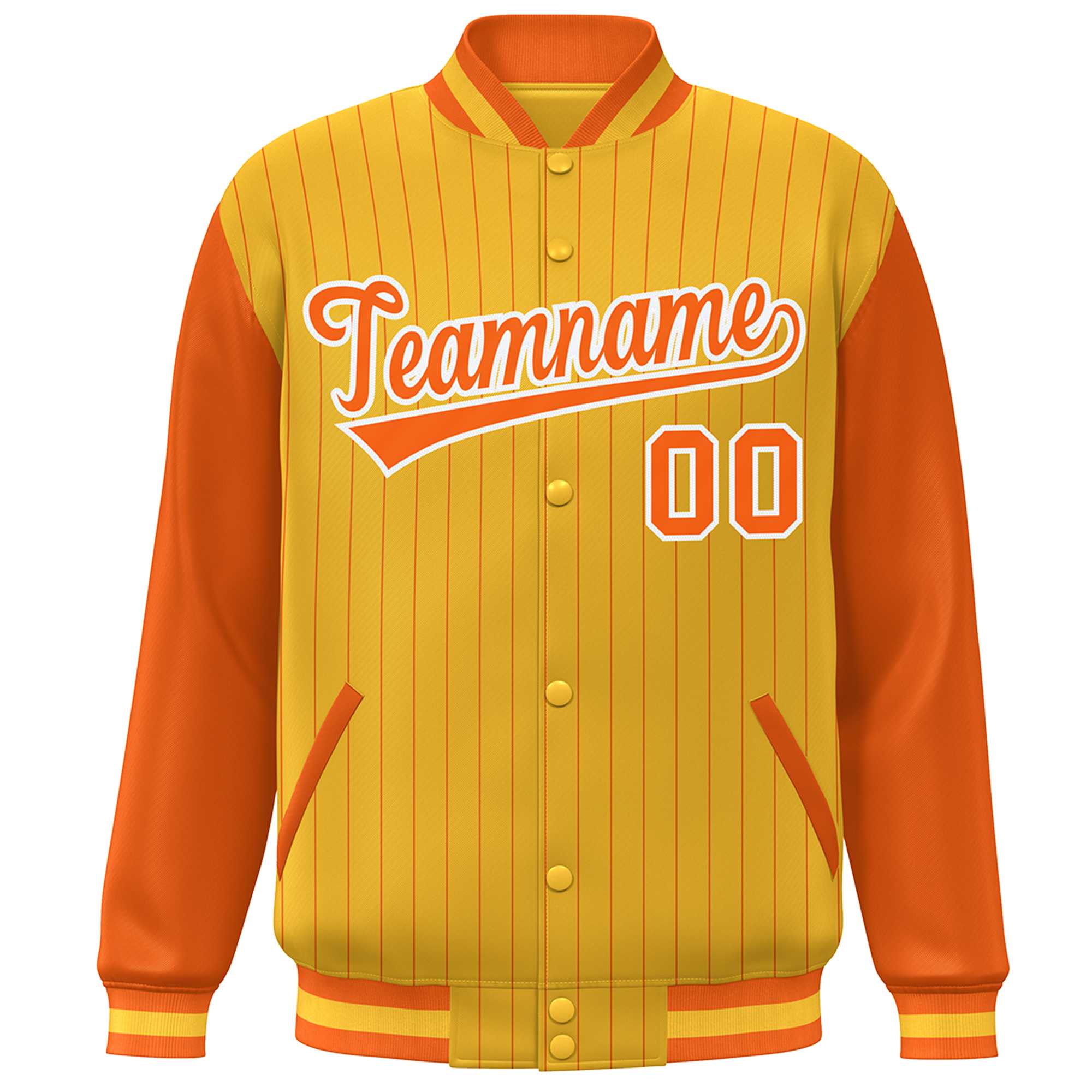 Custom Gold Orange-White Stripe Fashion Bomber Varsity Jacket with Raglan Sleeves