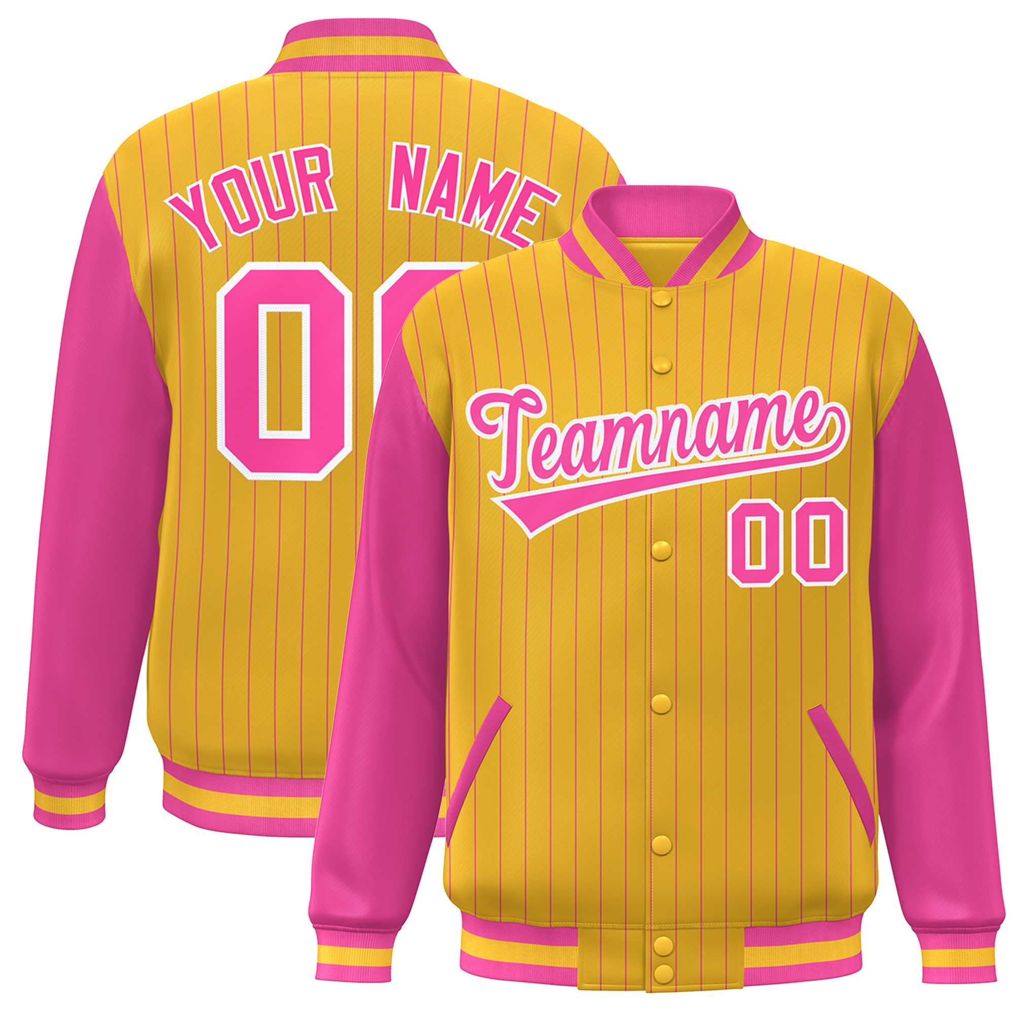 Custom Gold Pink-White Stripe Fashion Bomber Varsity Jacket with Raglan Sleeves