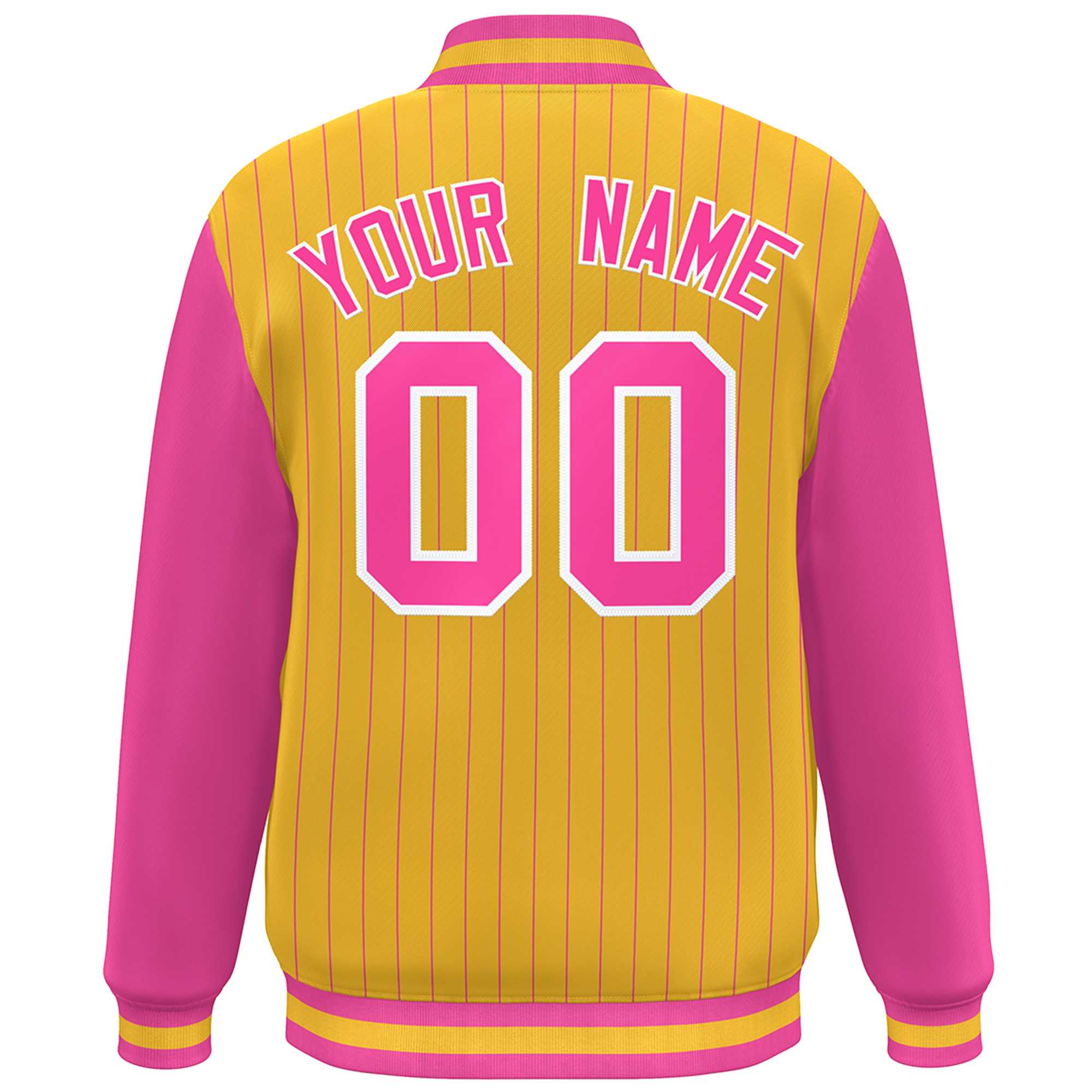 Custom Gold Pink-White Stripe Fashion Bomber Varsity Jacket with Raglan Sleeves