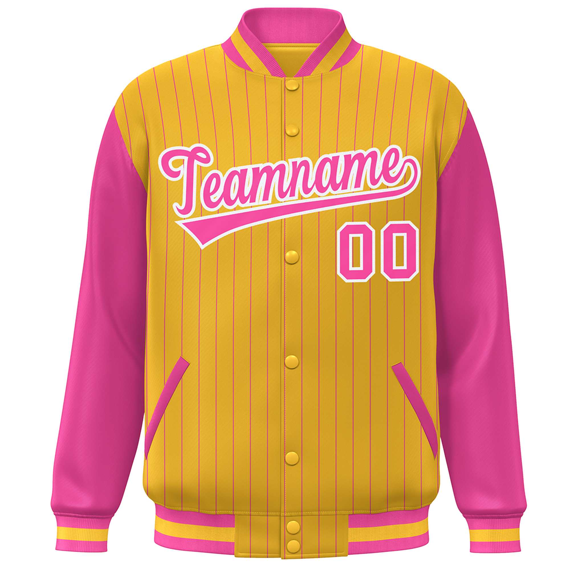 Custom Gold Pink-White Stripe Fashion Bomber Varsity Jacket with Raglan Sleeves