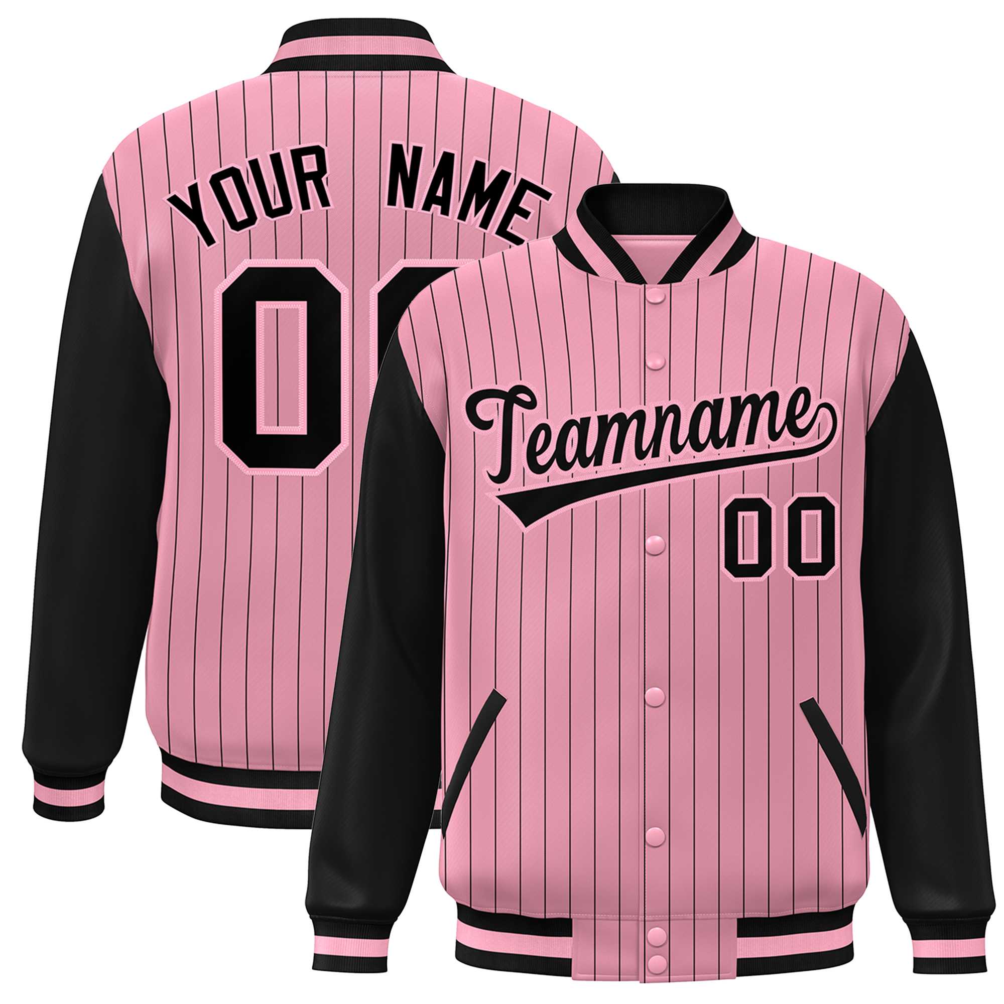 Custom Pink Black Stripe Fashion Bomber Varsity Jacket with Raglan Sleeves