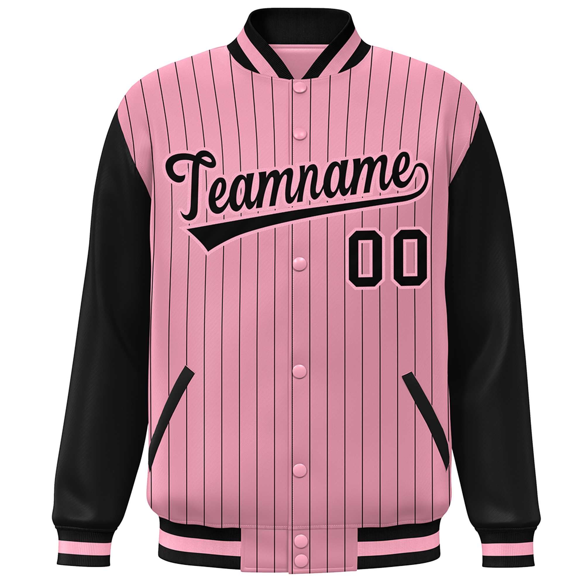 Custom Pink Black Stripe Fashion Bomber Varsity Jacket with Raglan Sleeves